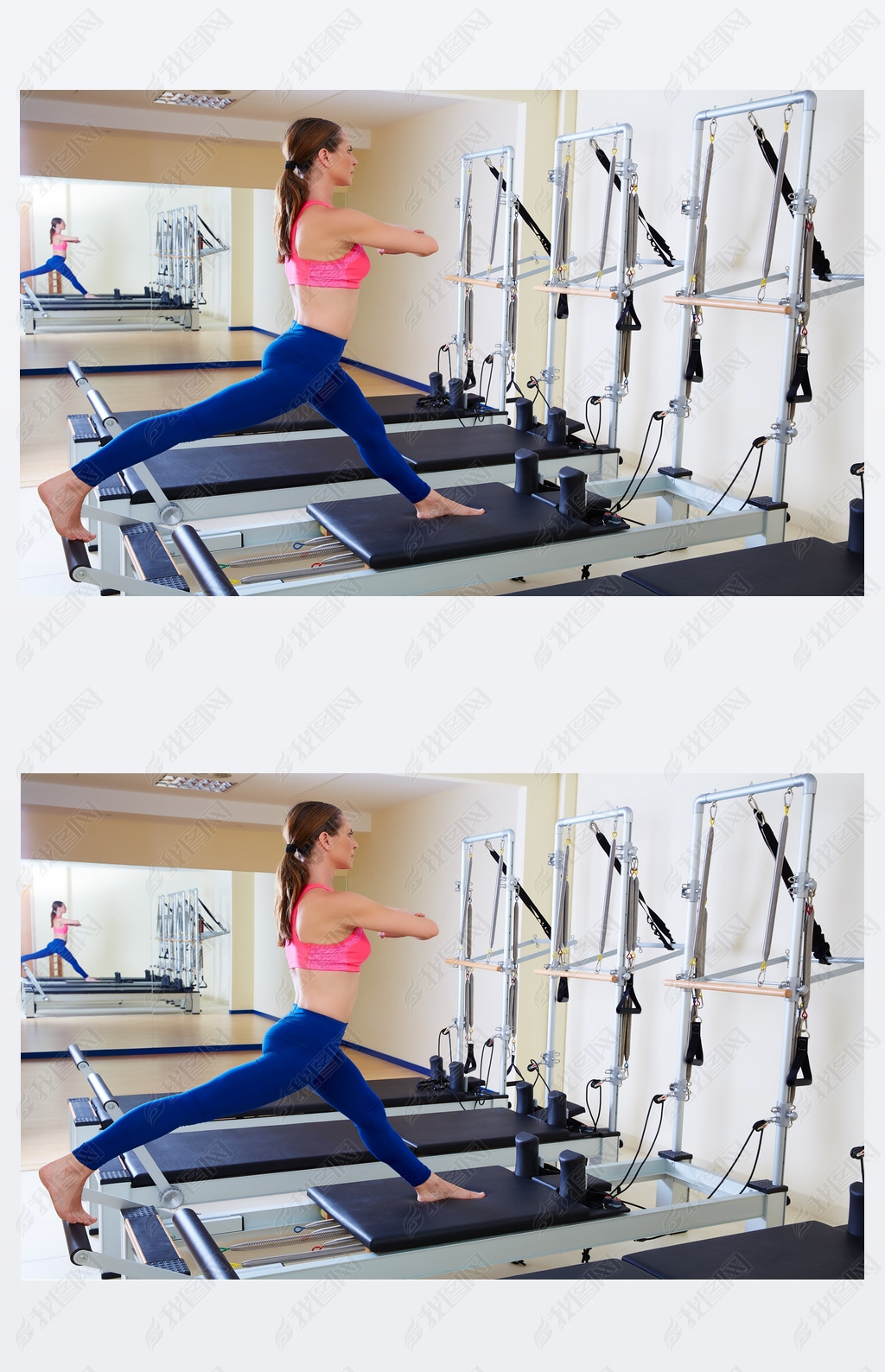 Pilates reformer woman russian split exercise