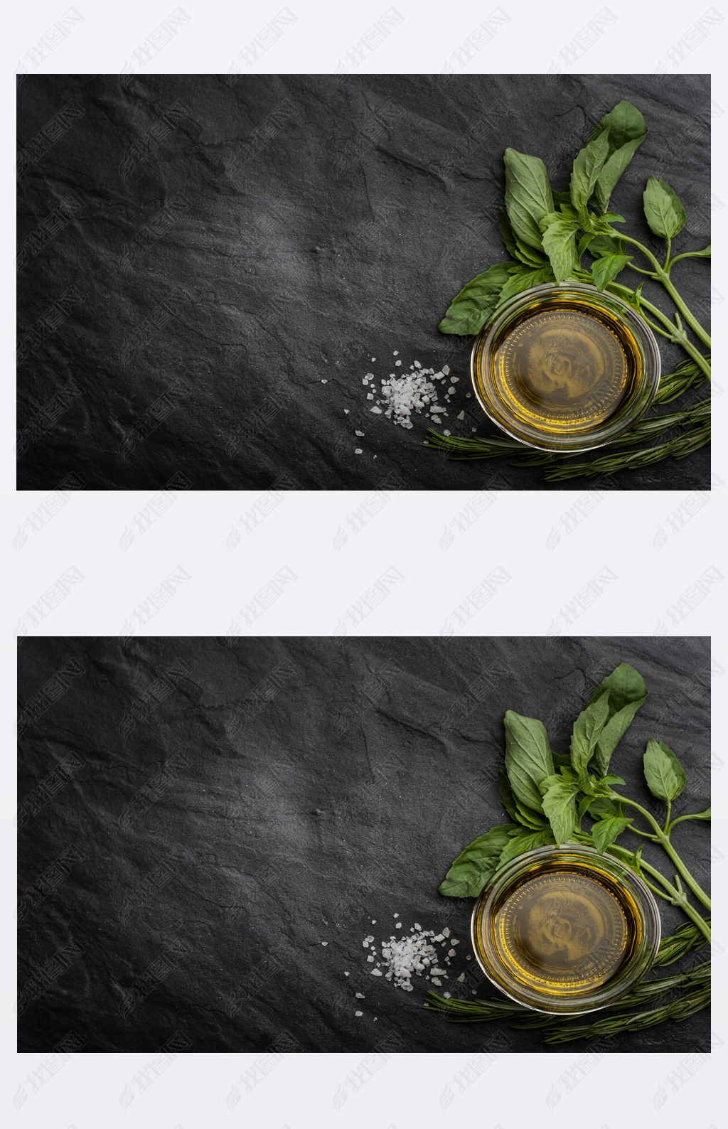 Olive oil  with different greens on the right side of the black stone table