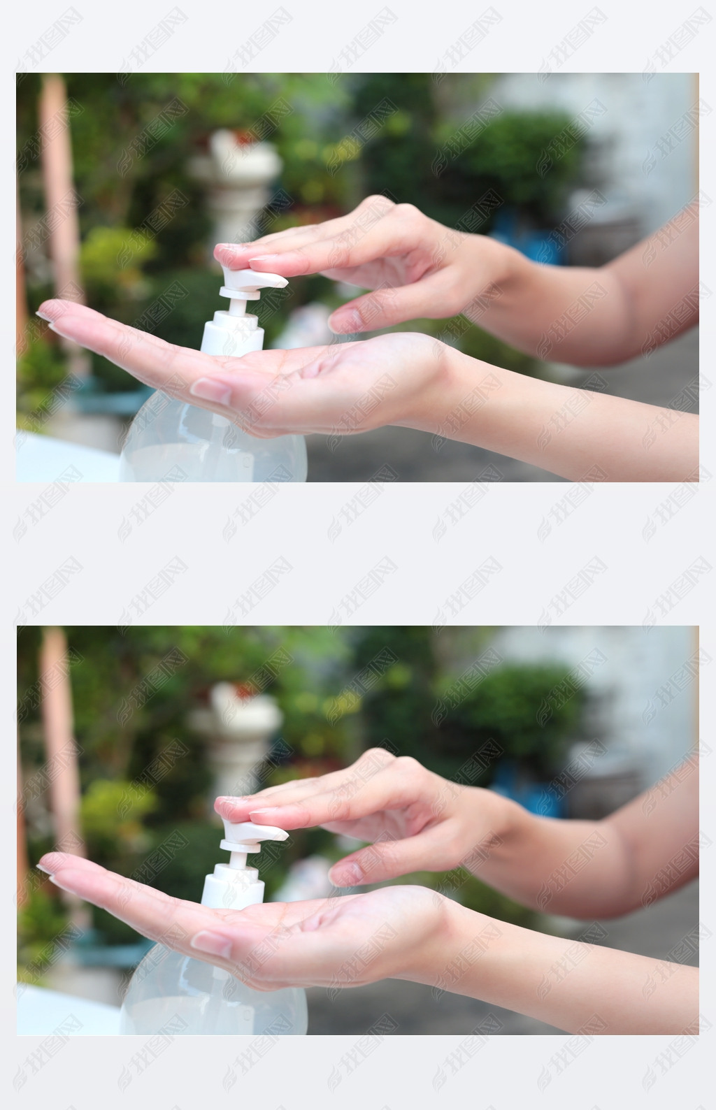 Female hands using gel pump dispenser wash hand sanitizer.