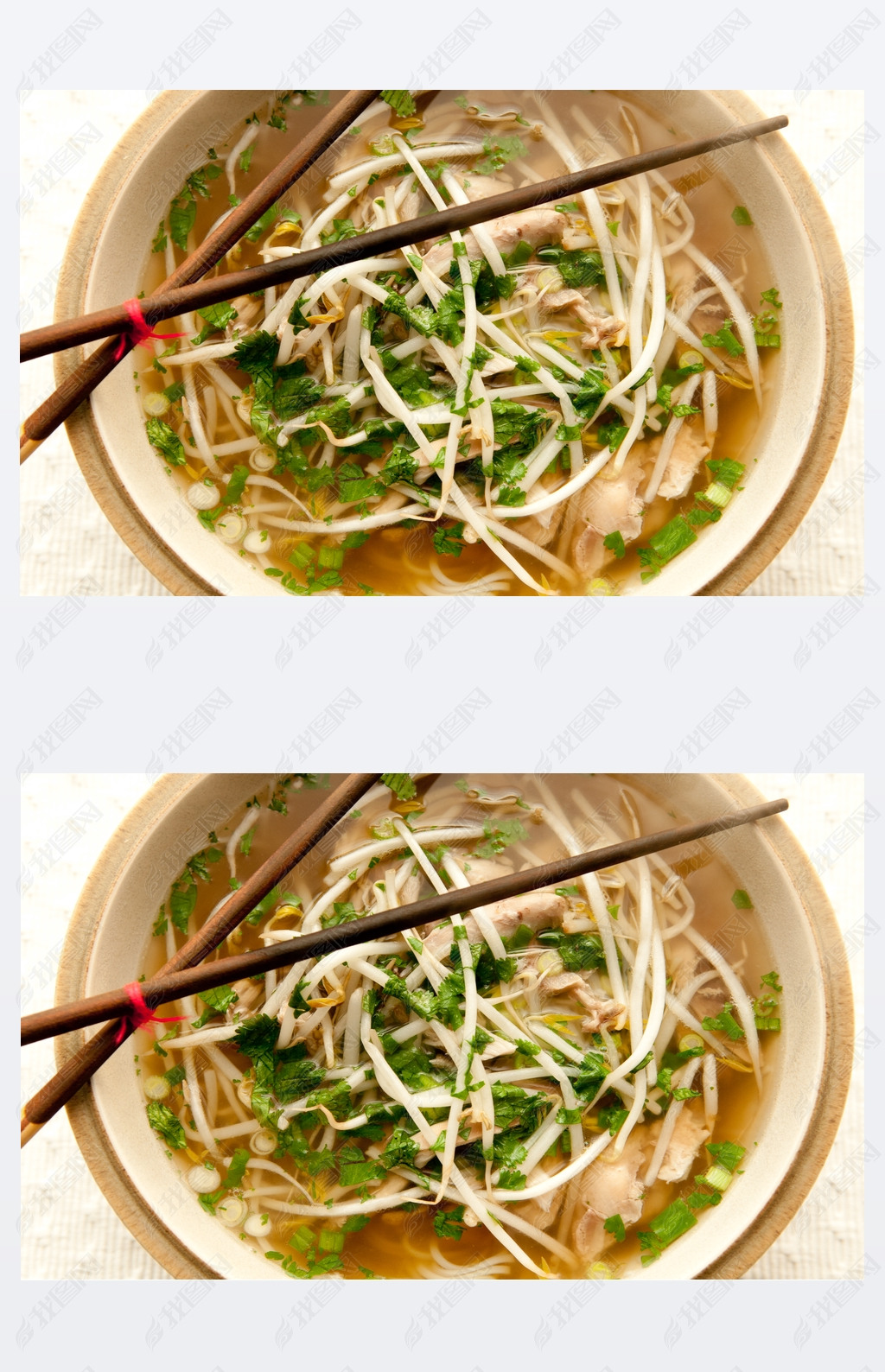 Vietnamese pho soup, an ethnic meal of chicken soup
