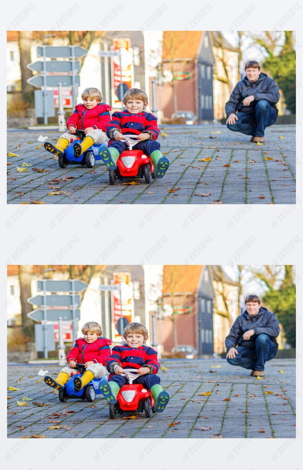 Two happy sibling boys and father playing with big old toy car, 