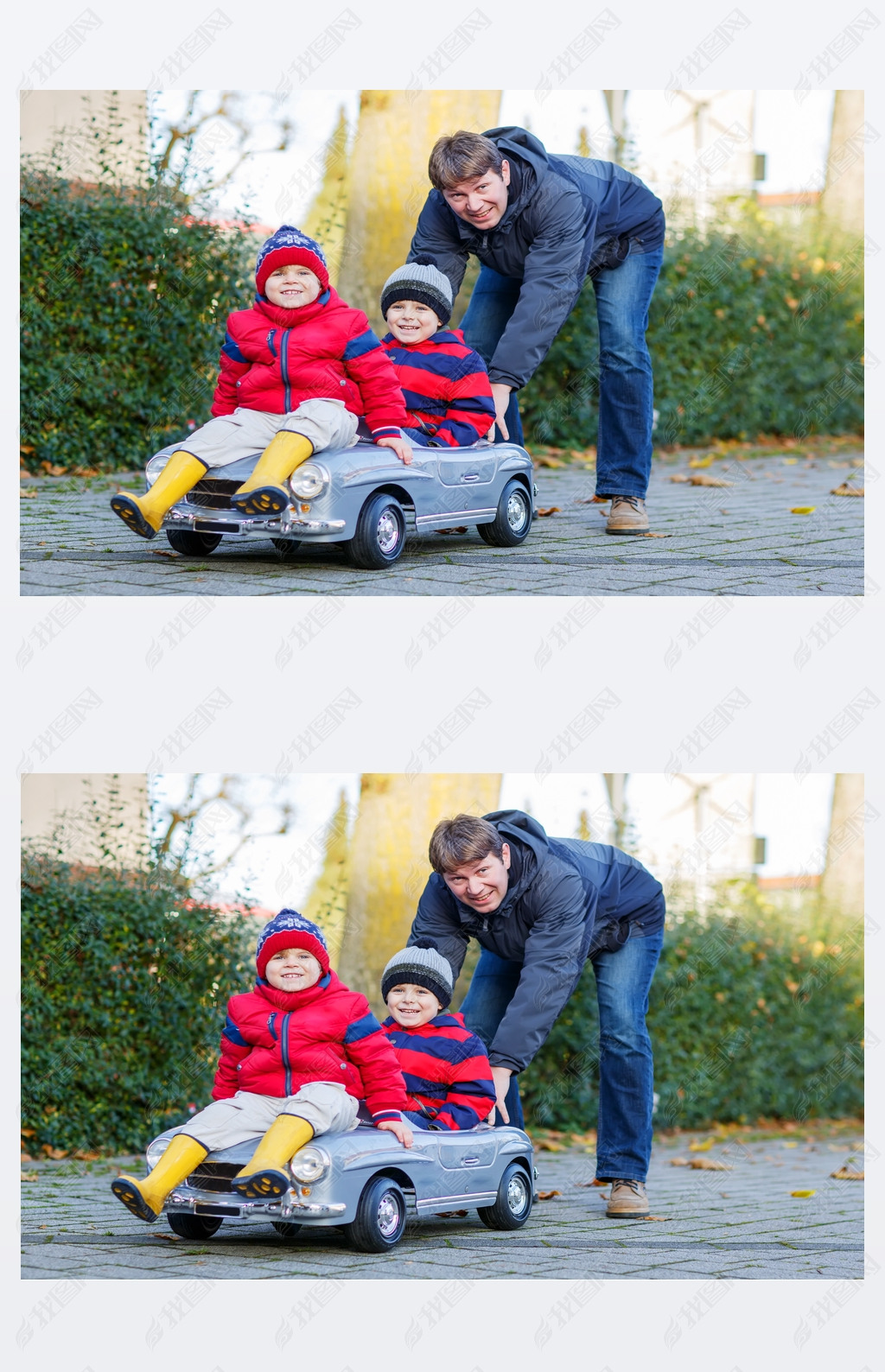 Two happy sibling boys and father playing with big old toy car, 