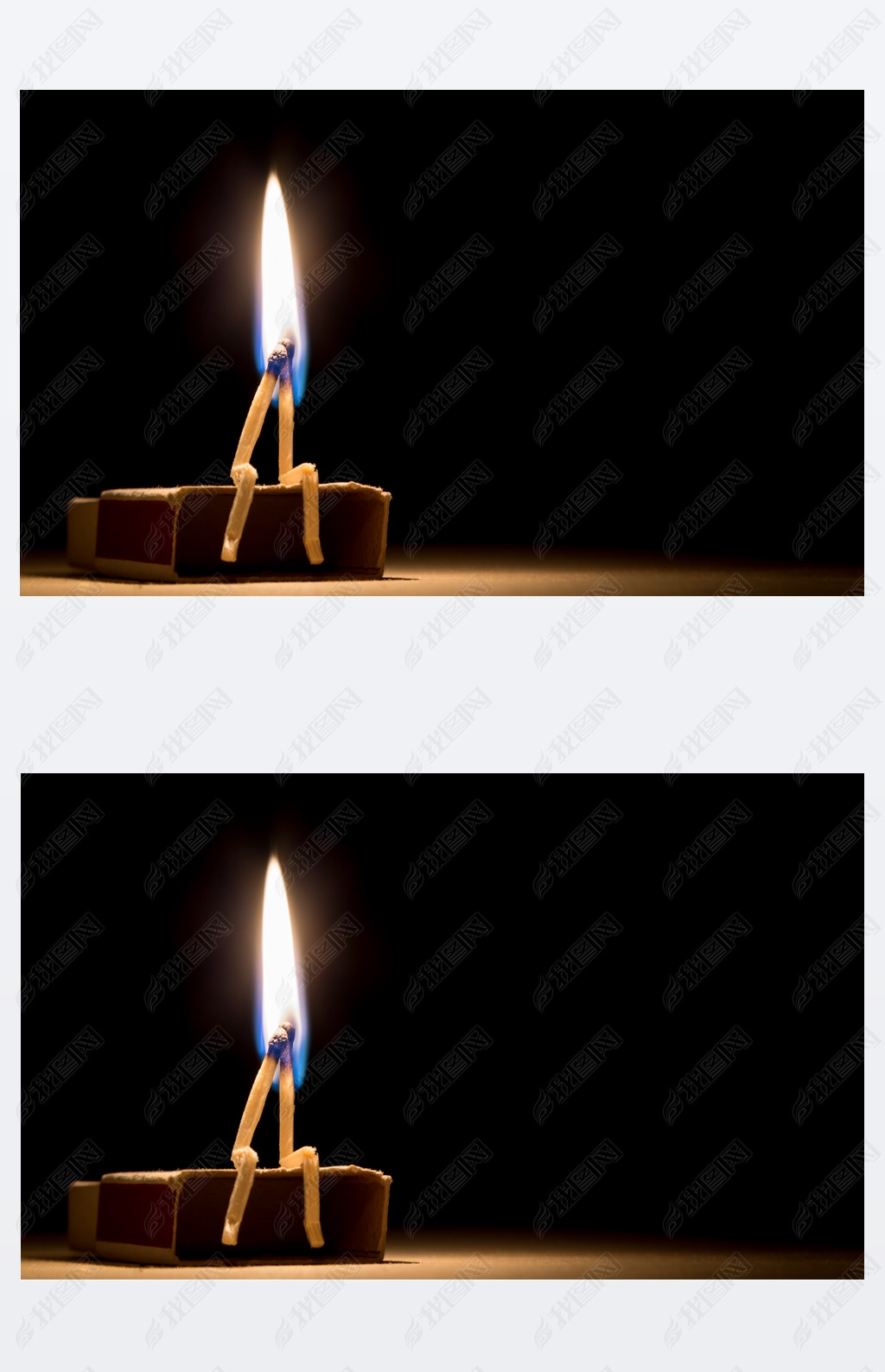 原创两根火柴燃烧在一起坐在黑暗中火柴盒版权可商用