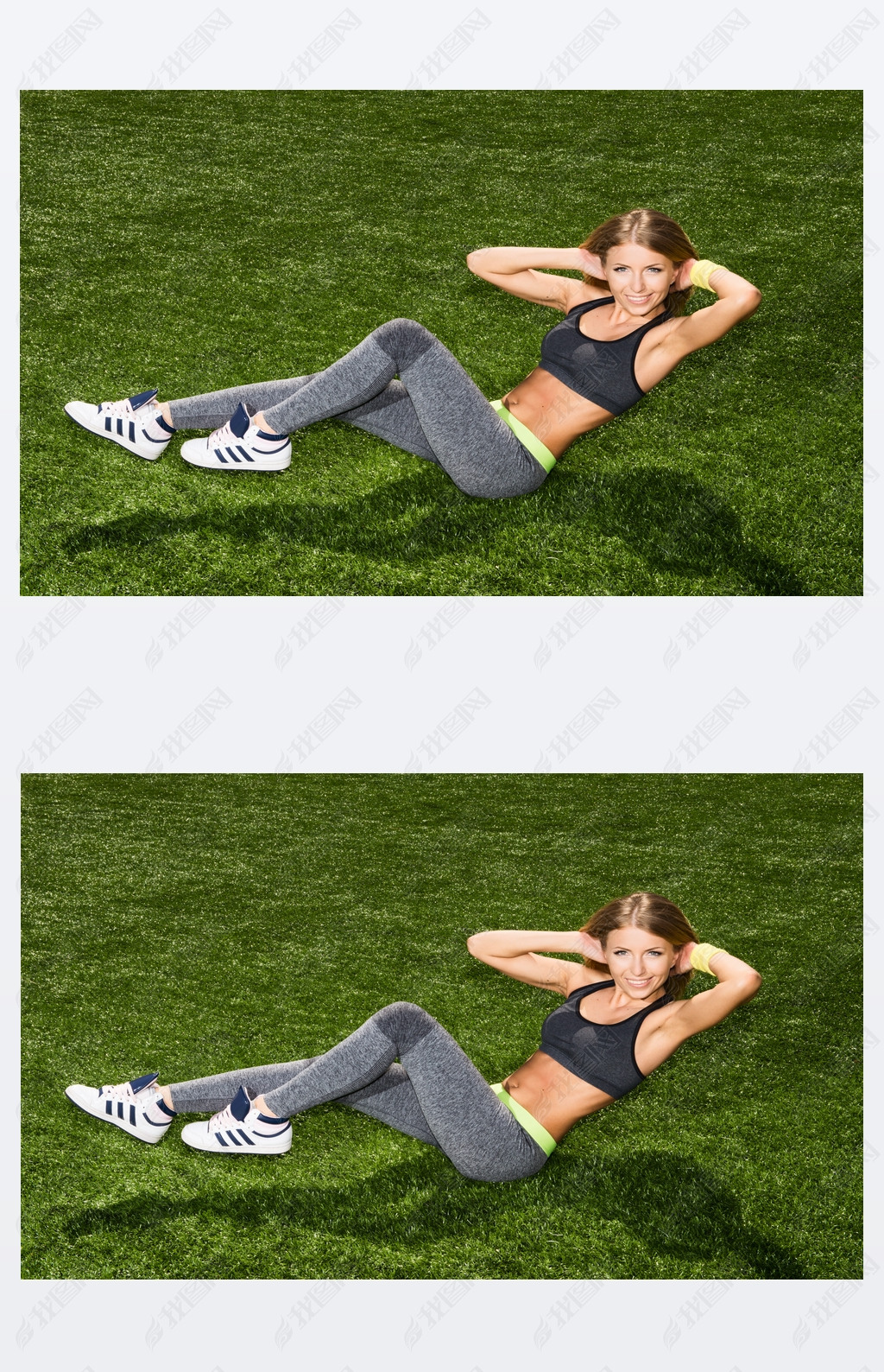 Athletic young woman doing exercises for abdominal muscles on  outdoors