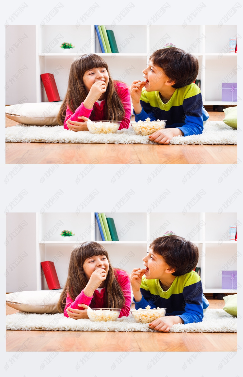 小女孩和小男孩喜欢吃爆米花