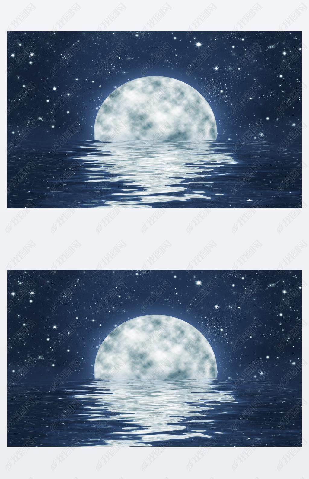 Full moon in water with reflection, starry night sky background