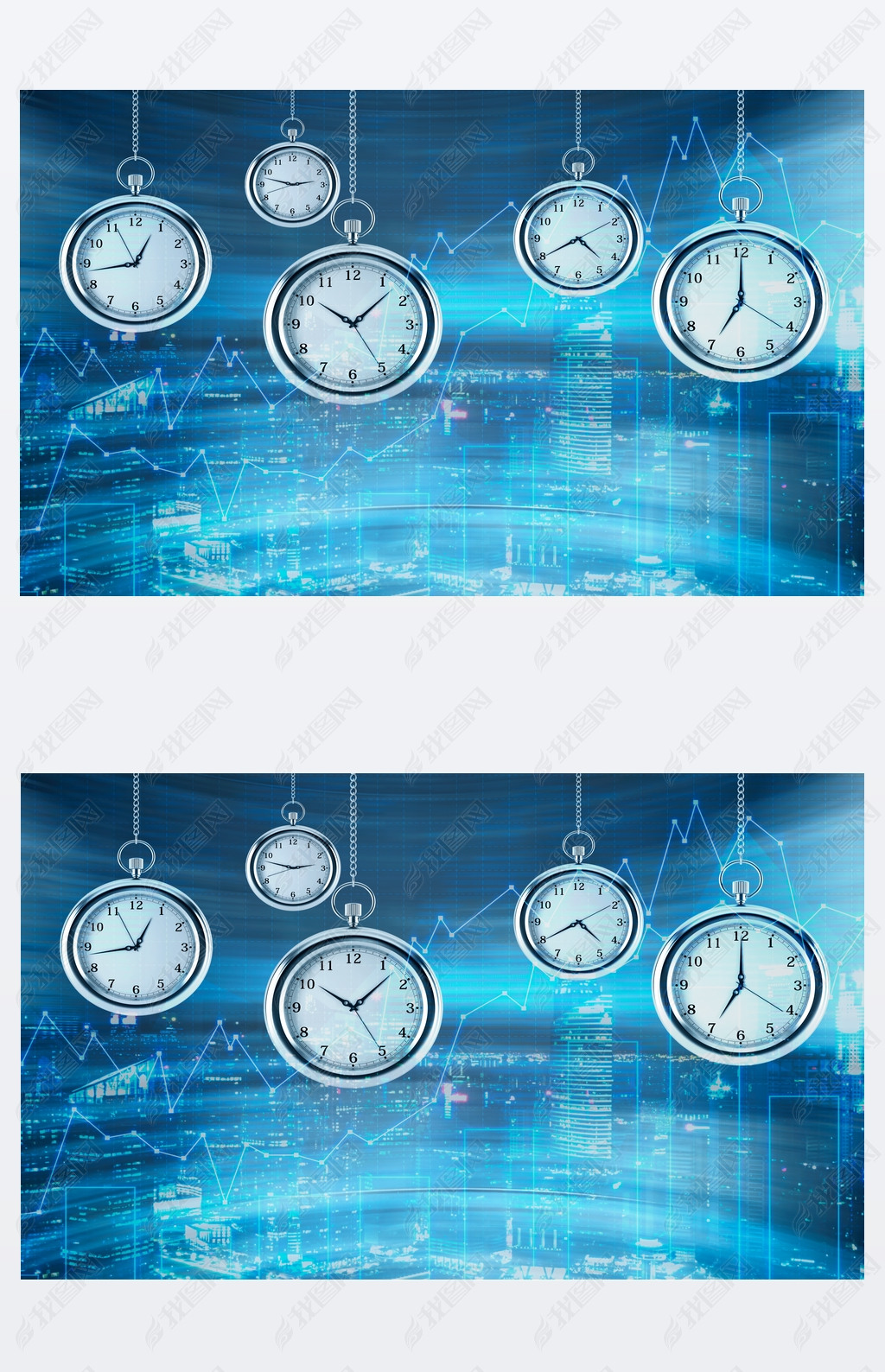 Four models of pocket watches are hovering in the air over financial graphs background. A concept of