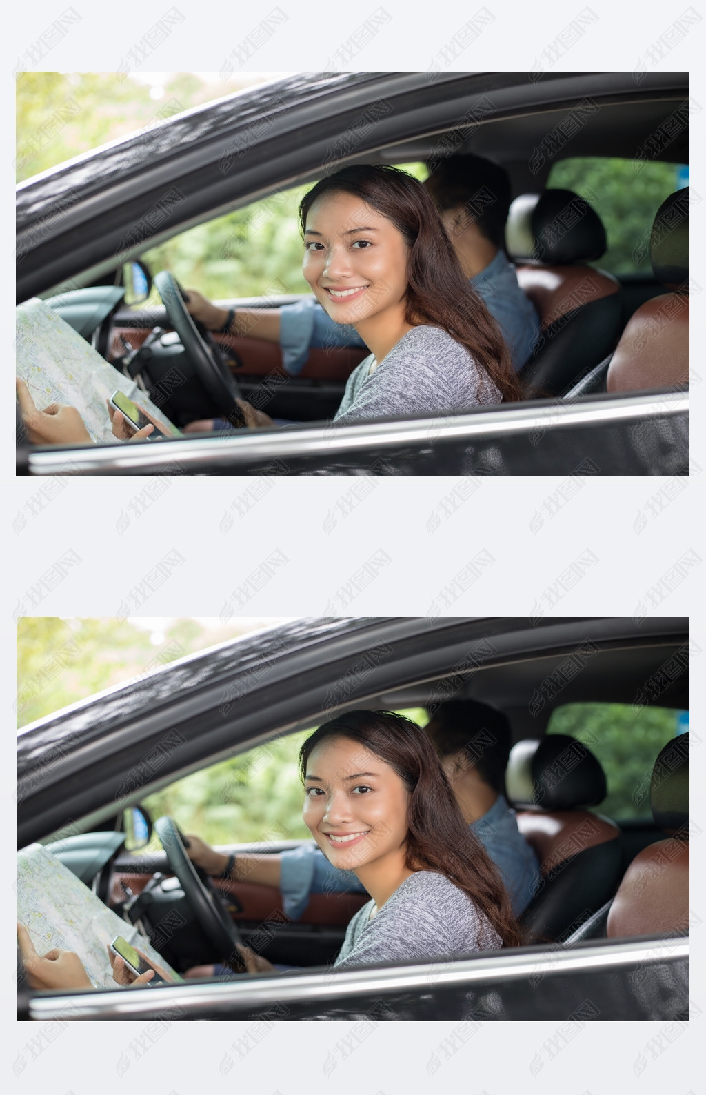 使用智能手机和地图的男人开车上居留权的亚洲女人