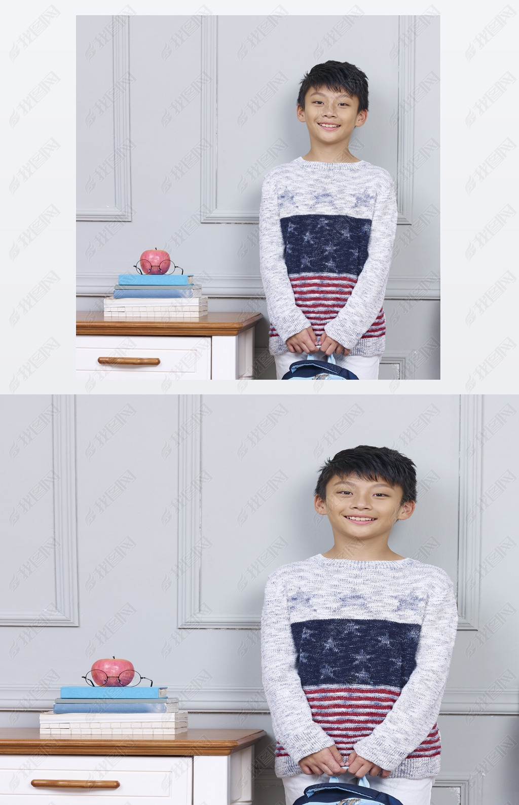 young asian boy iling standing beside book desk