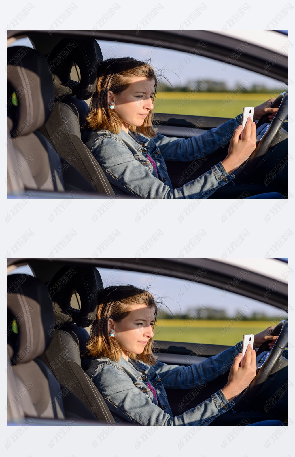 Young female driver reading a text message