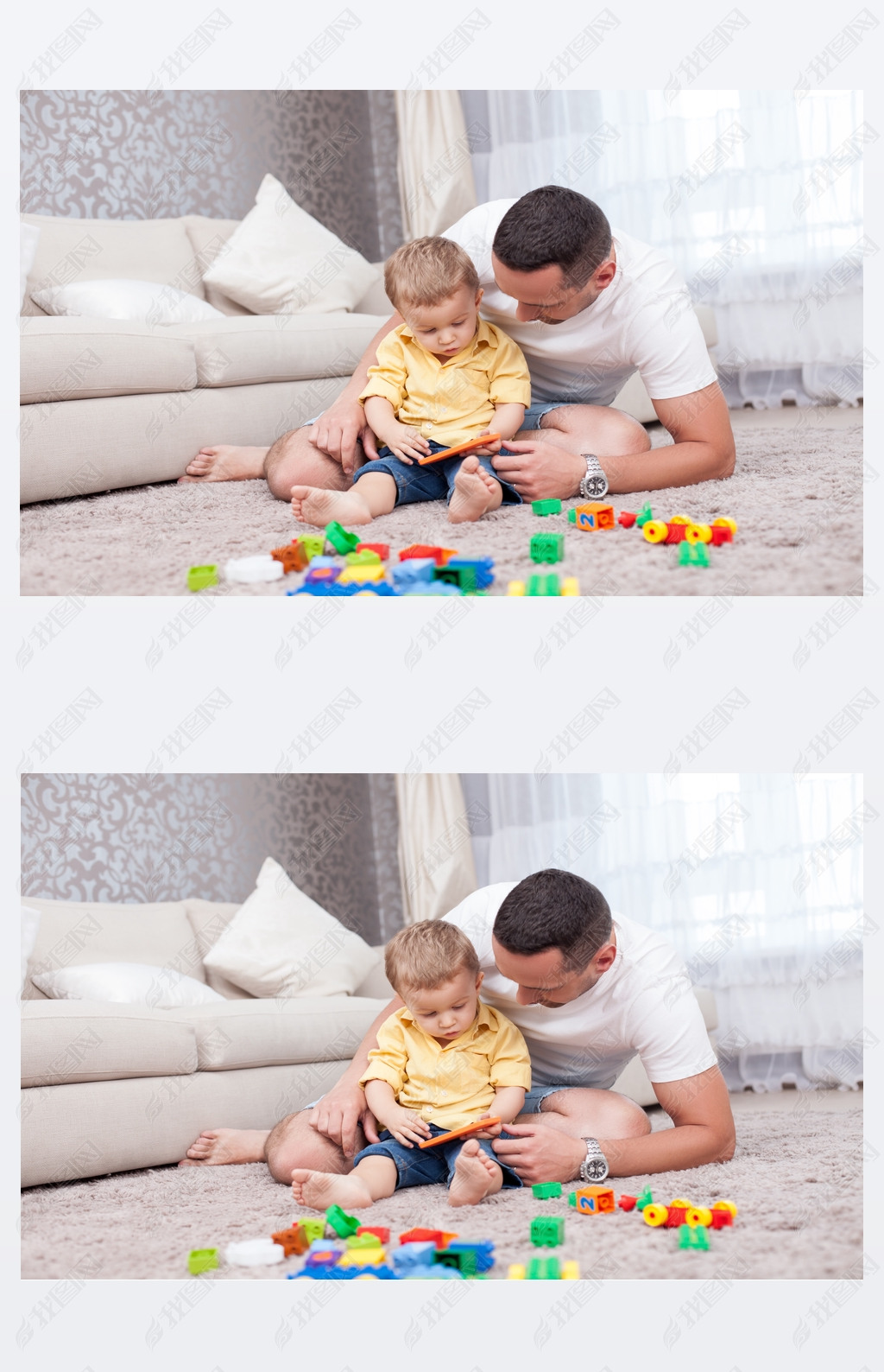 Cheerful young man is playing with his kid