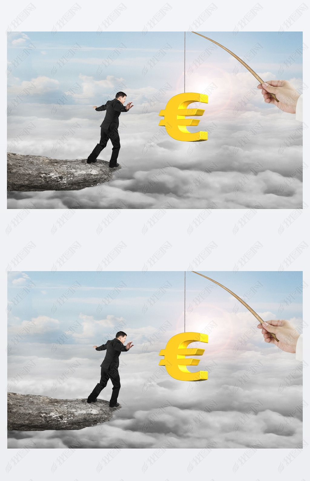 Man balancing golden euro symbol fishing lure with sun clouds