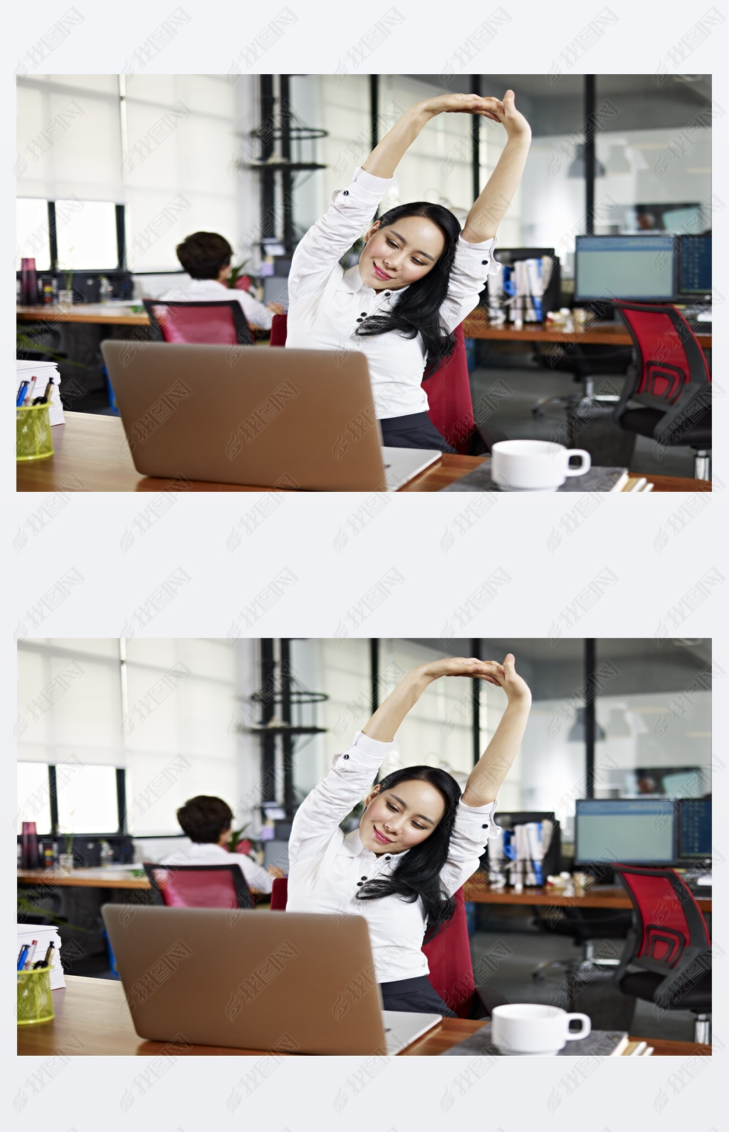 asian business woman stretching arms in office