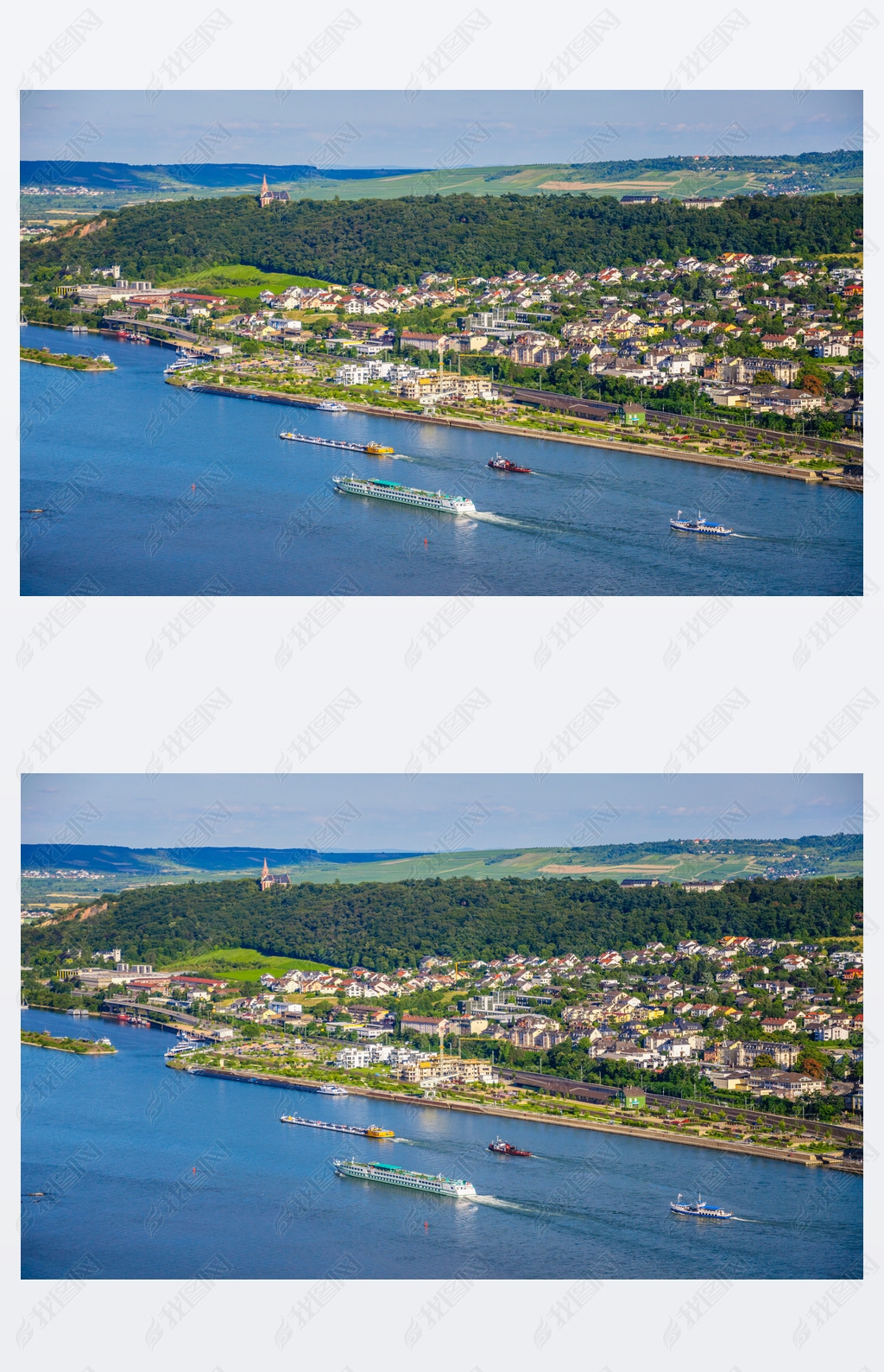 Ships on Rhine river near Bingen am Rhein, Rheinland-Pfalz, Germ