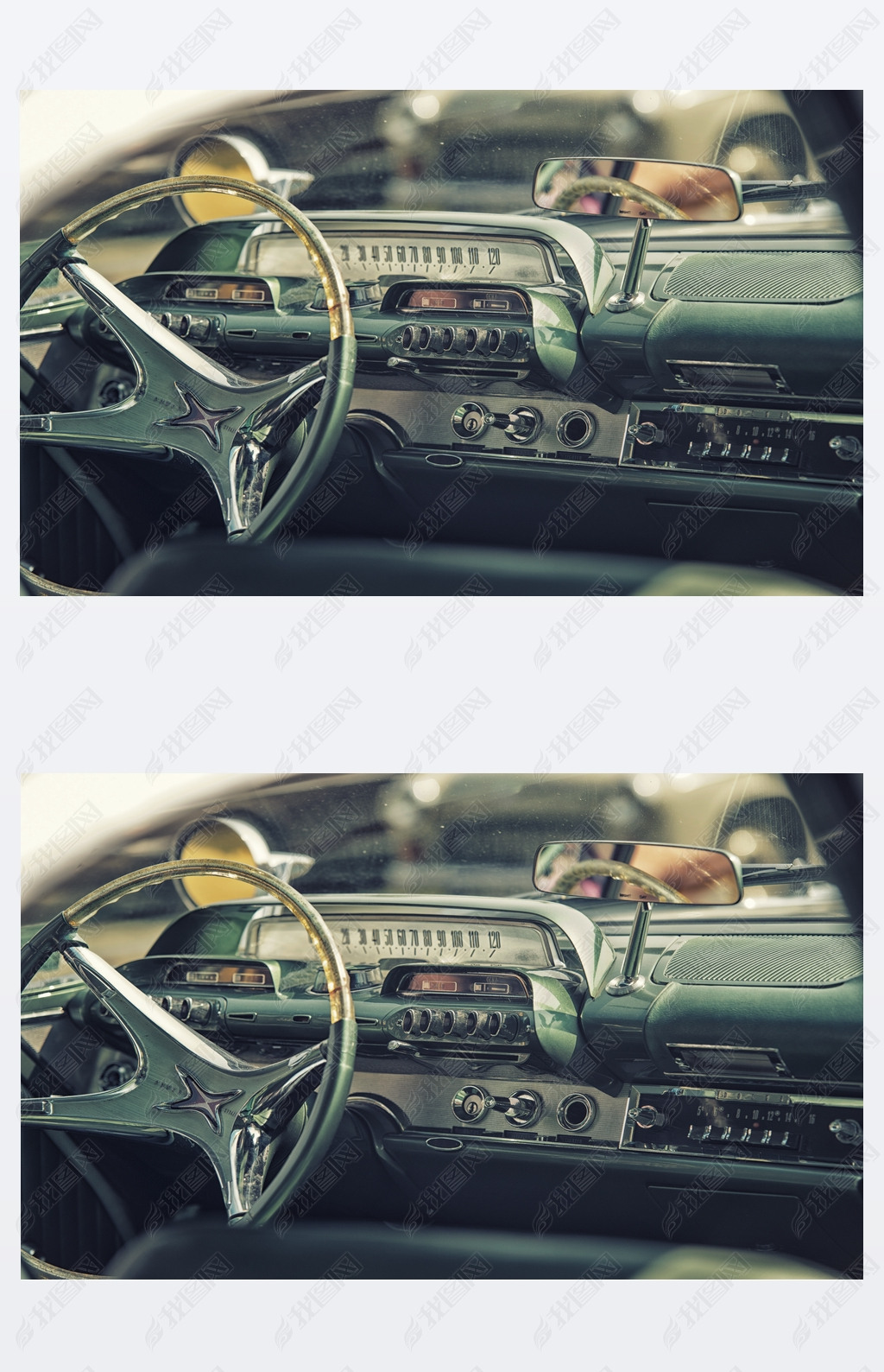 Sleza, Poland, August 15, 2015: Close up on old vintage car steering wheel and cockpit on  Motorclas