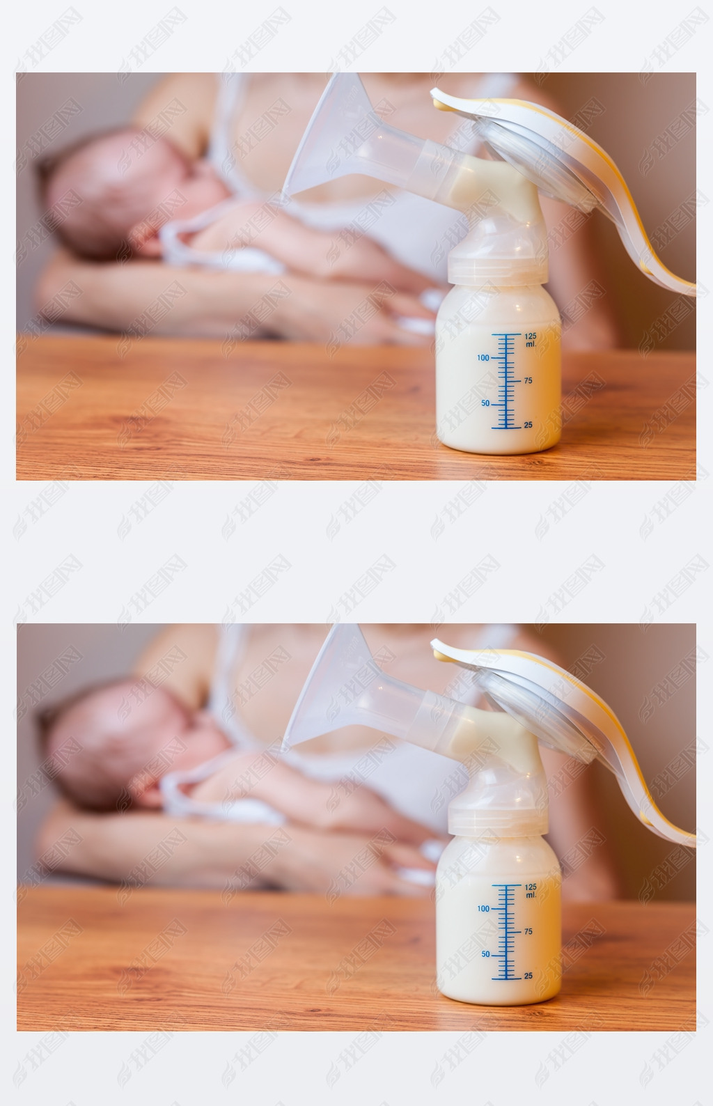 Manual breast pump with milk, mother and baby at background