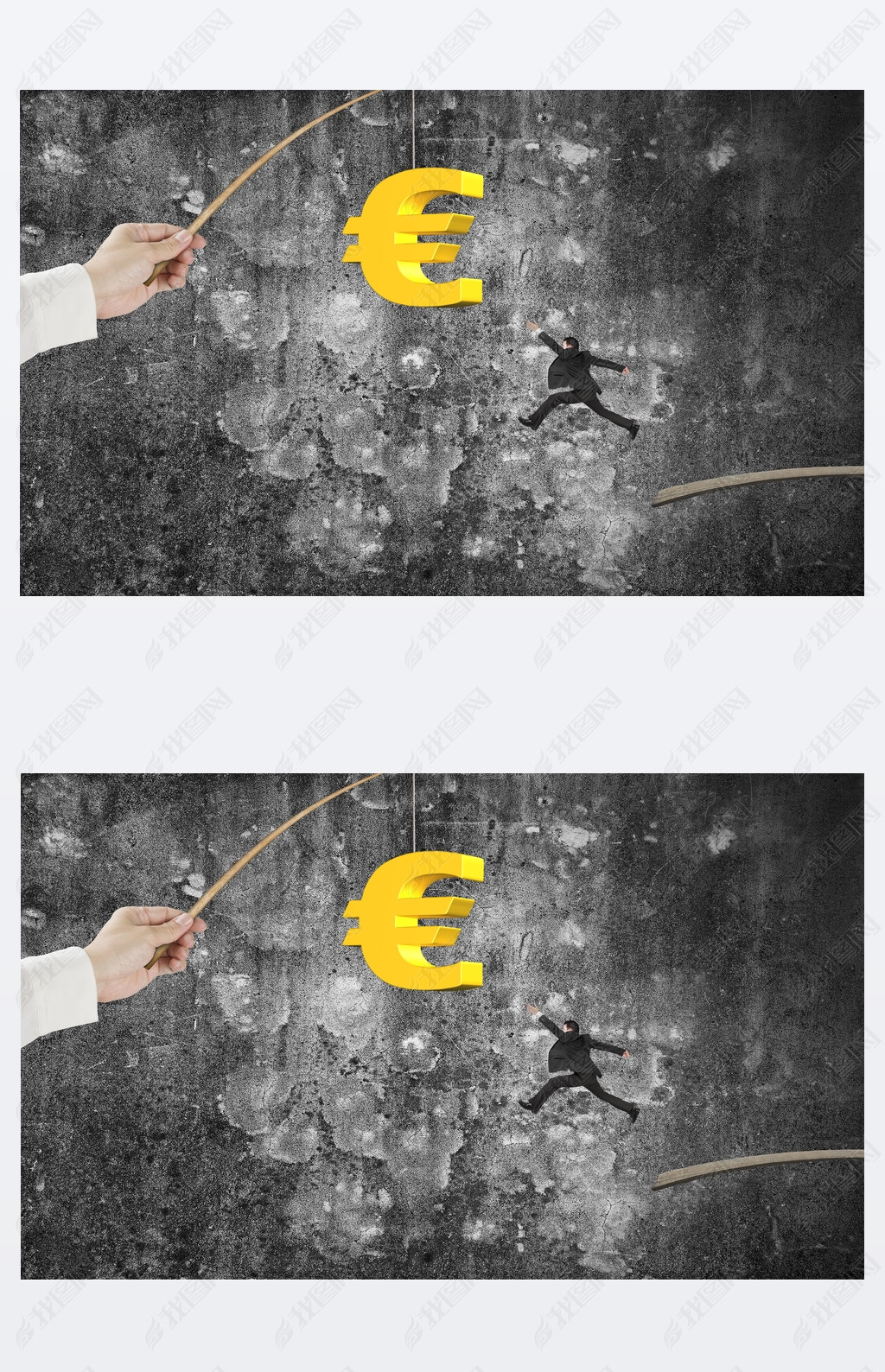 Man jumping golden euro symbol fishing lure mottled concrete wal