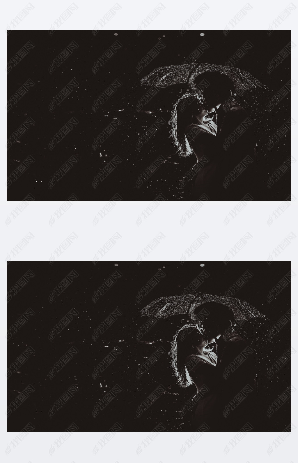 Dramatic photo of a bride and groom in the night rain.