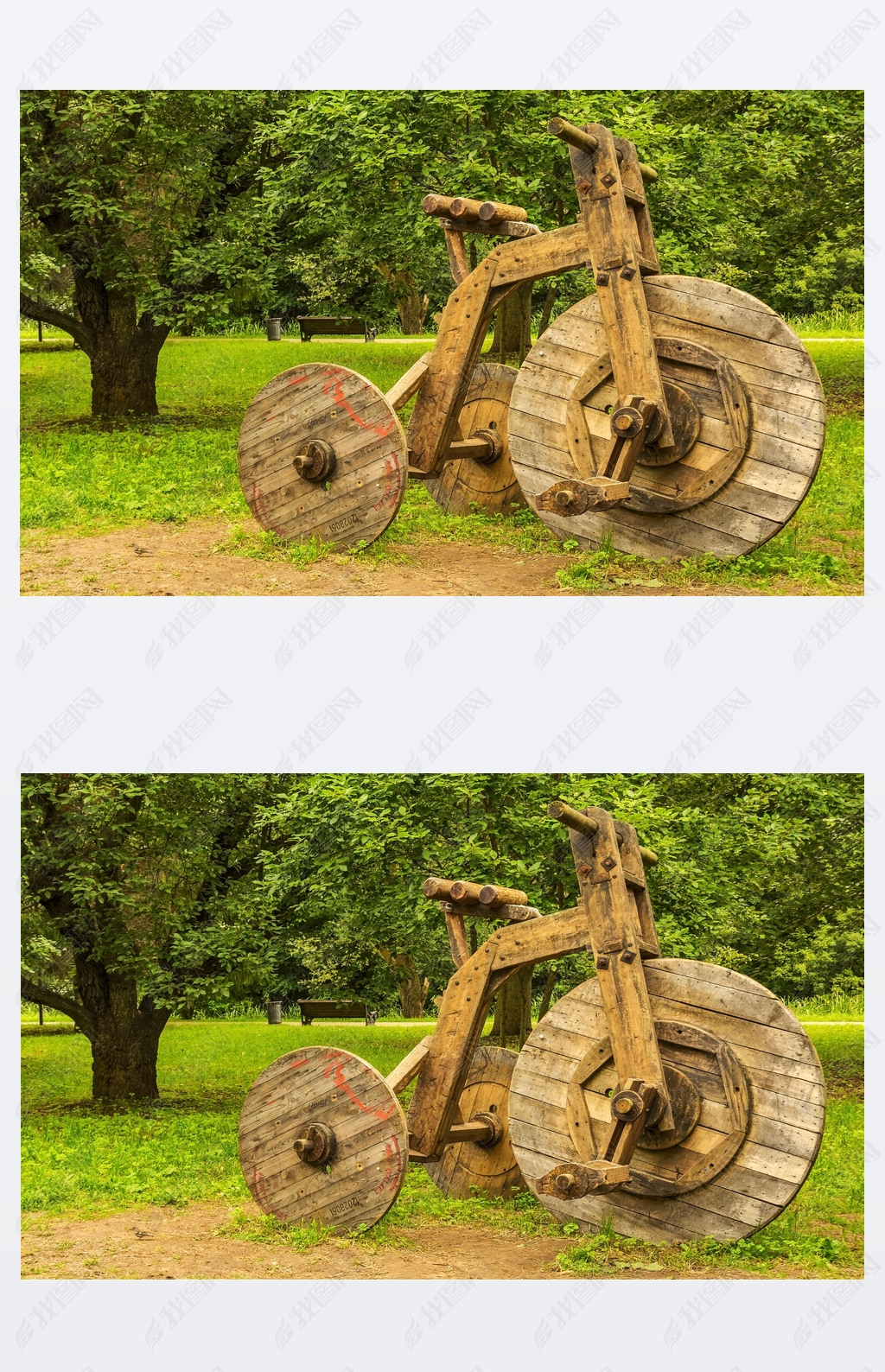 Wooden sculpture bike with three wheels