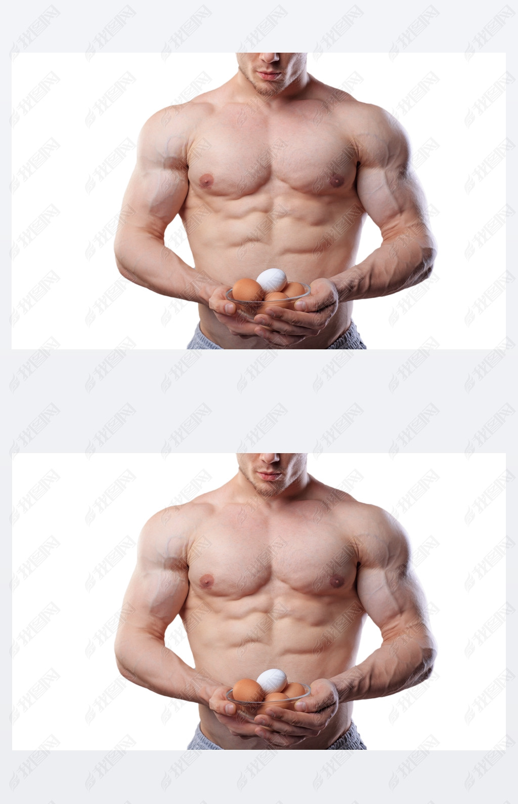 Shirtless athlete man showing cup with eggs at isolated white background
