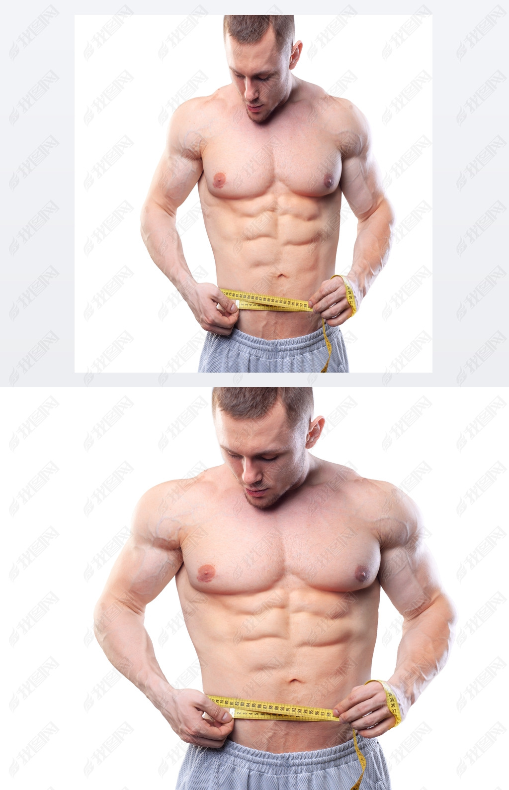 Image of muscular man measure his waist with measuring tape in centimeters. Shot isolated on white b