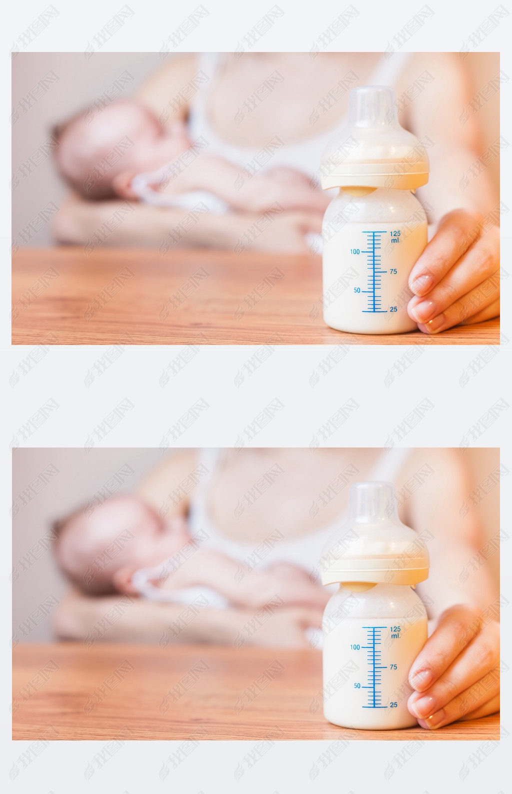 Mother holding a baby bottle with breast milk