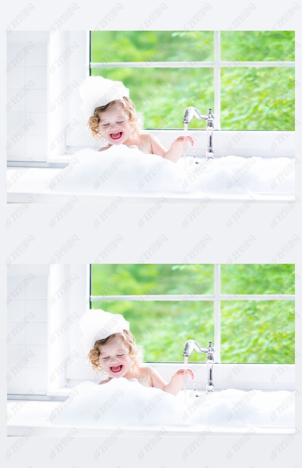 Baby girl taking bath with foam