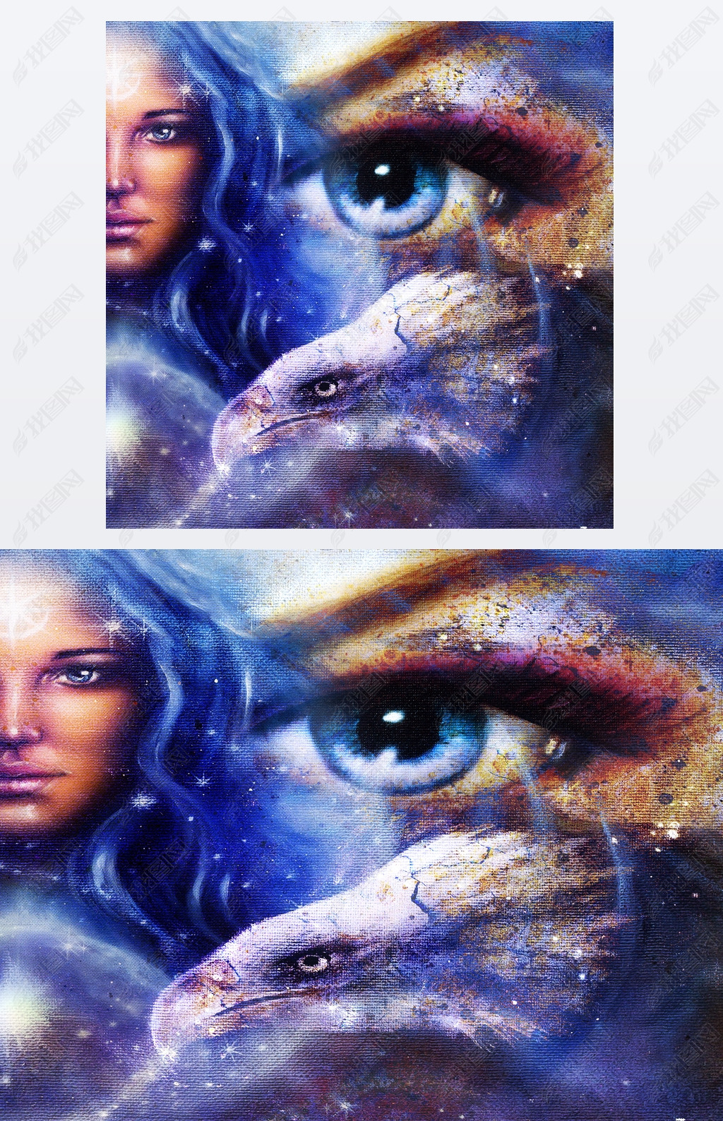 Goddess Woman in space with light stars and eagles head, women  Eye contact, Abstract color backgrou
