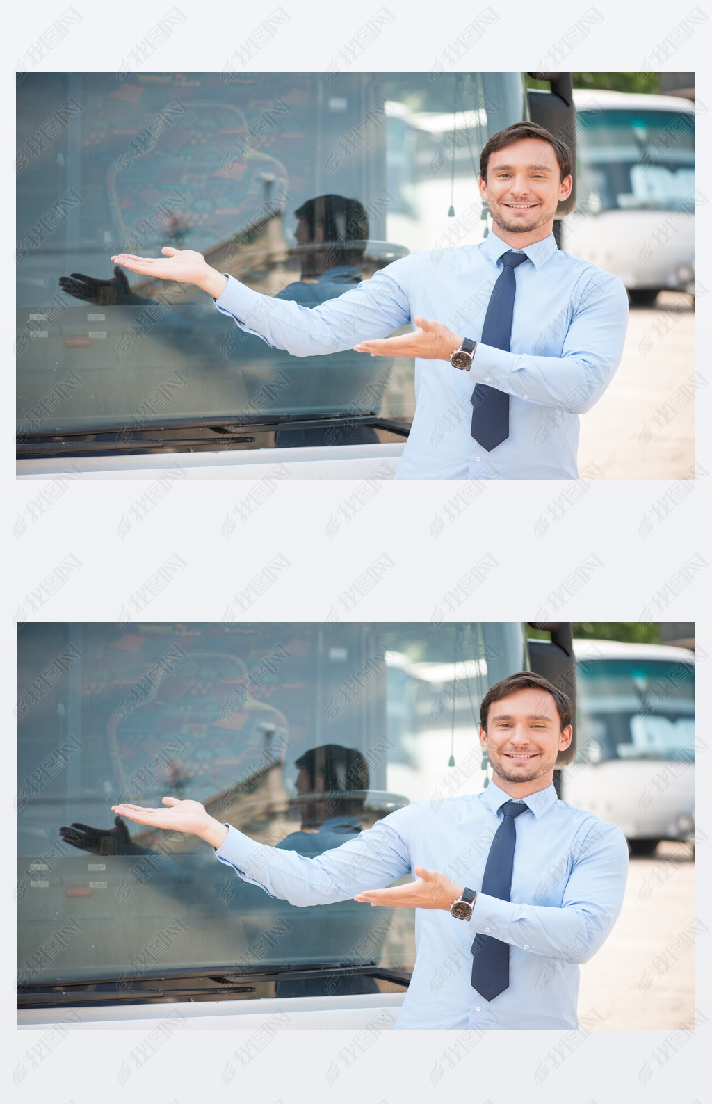 Cheerful young man is advertising a public transport