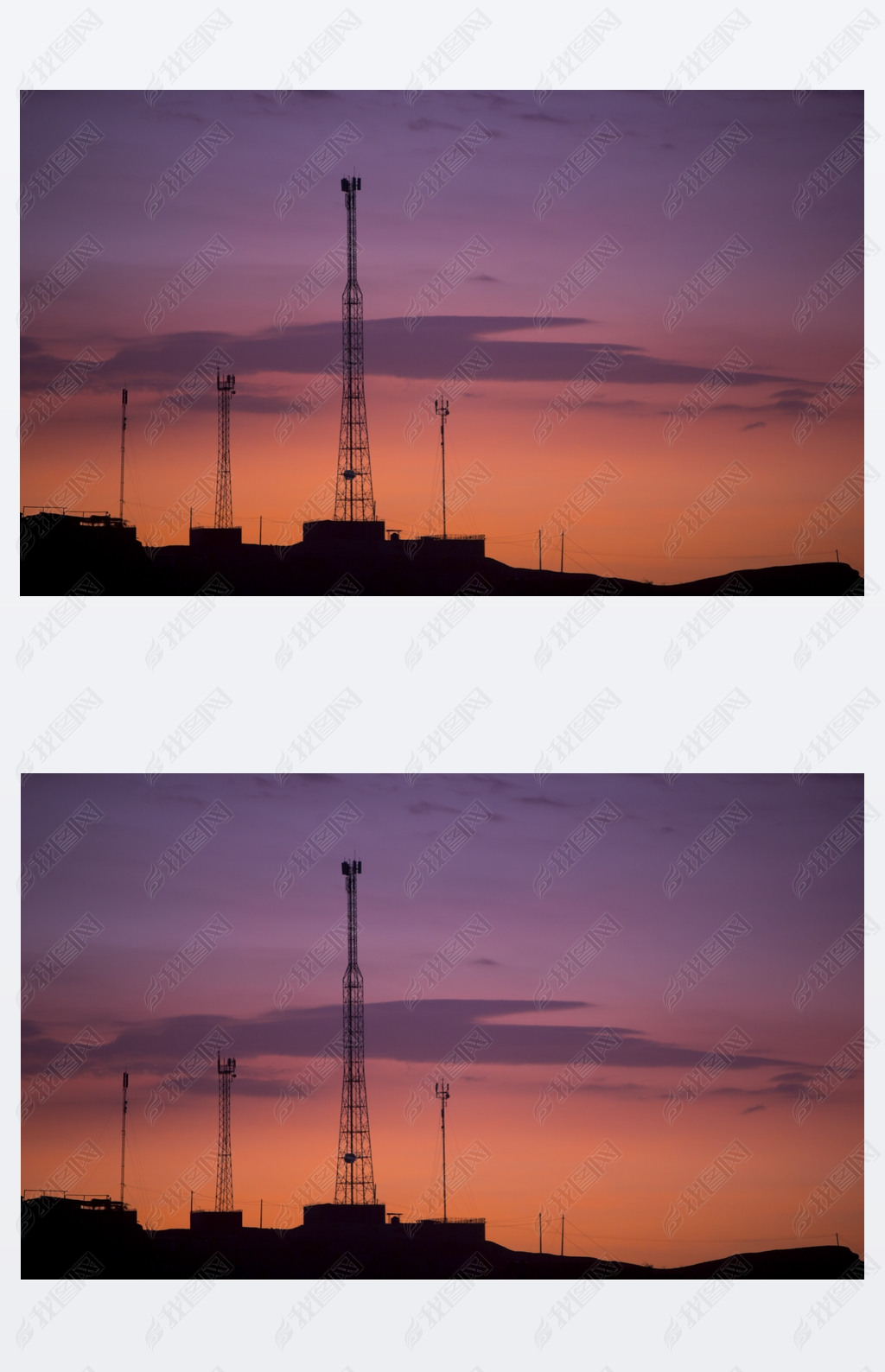 Communication towers on orange purple sky background, Peru