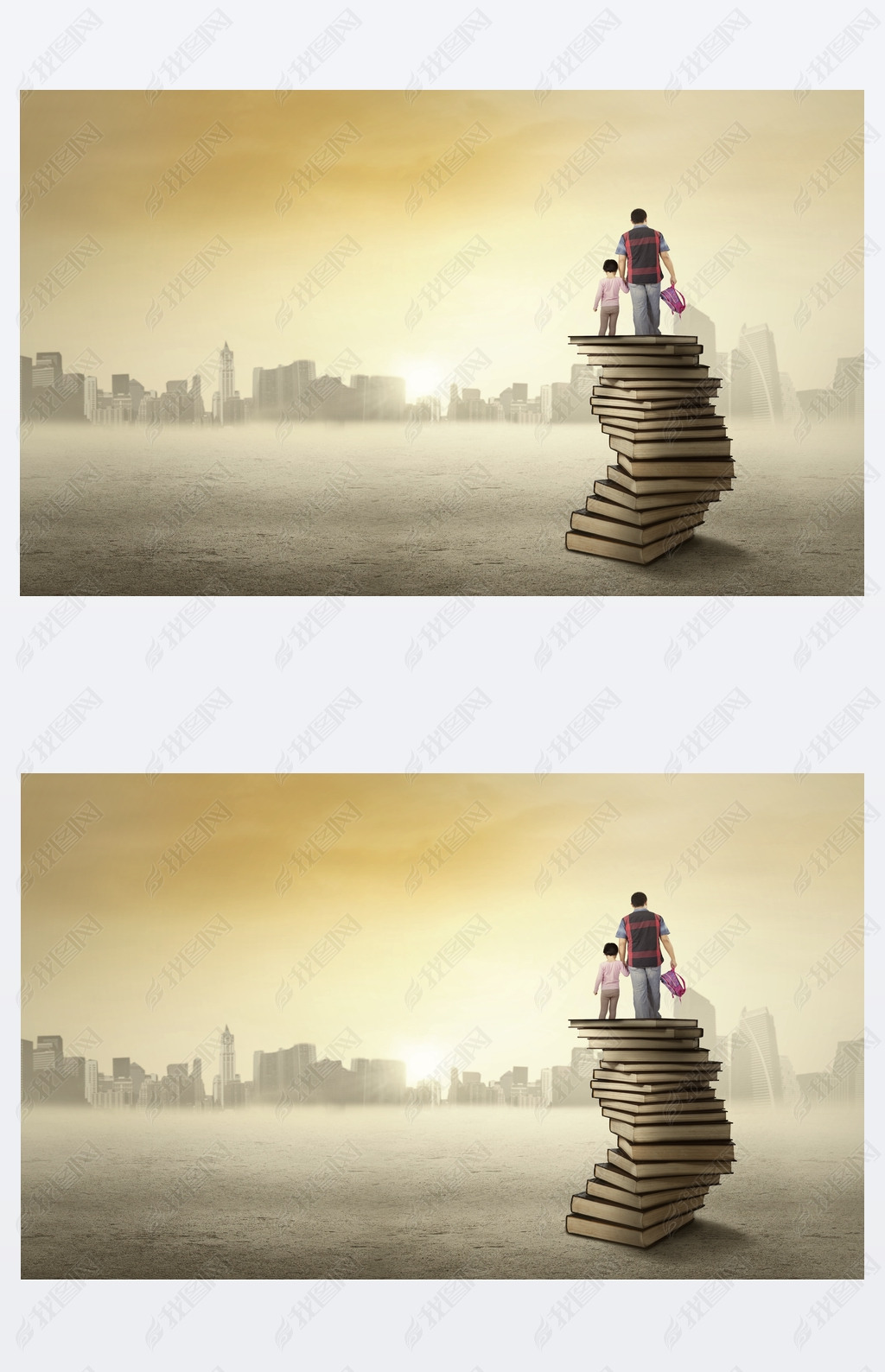 Child and her dad standing on a pile of books