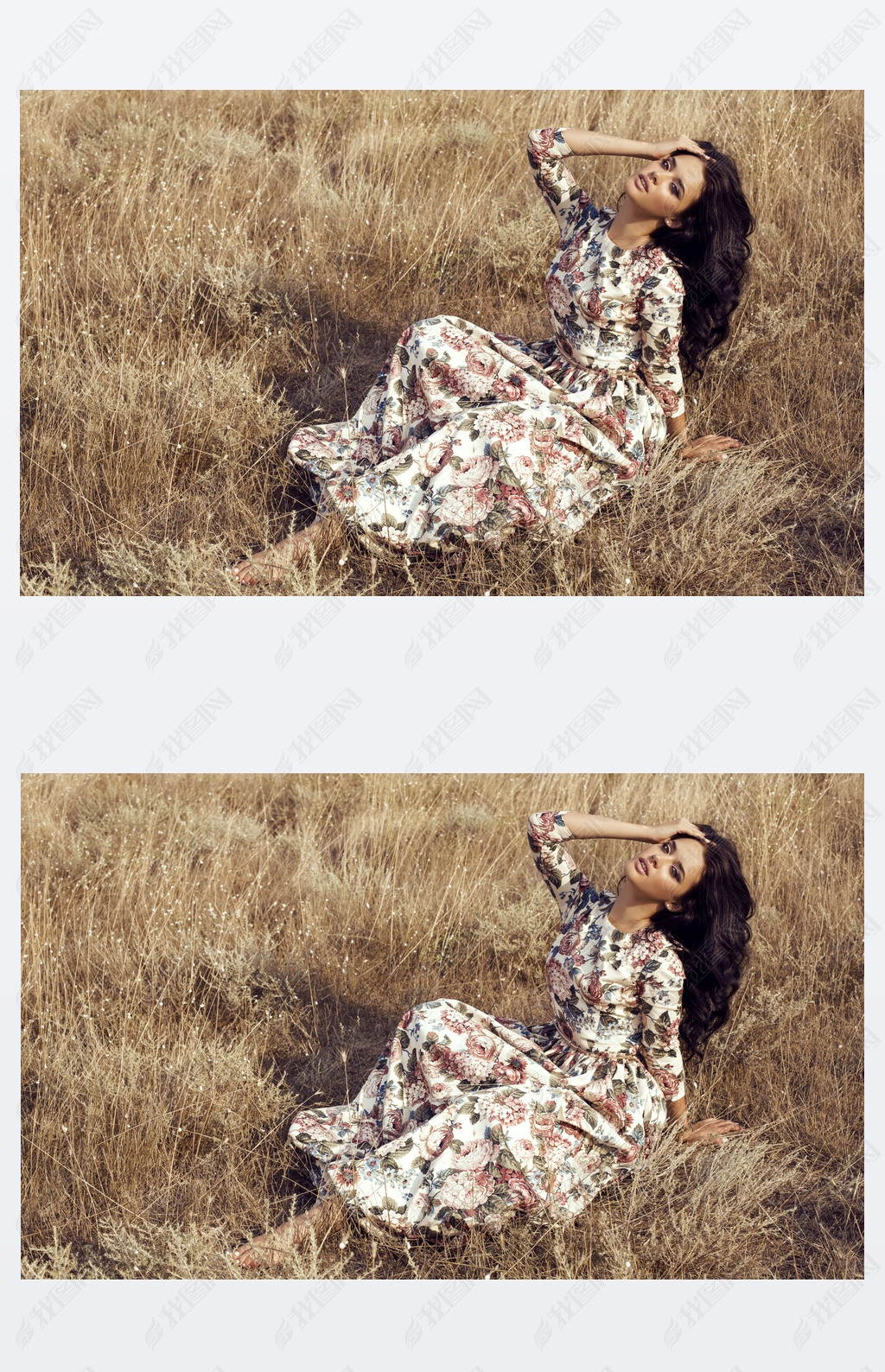 woman with dark hair wears luxurious colorful dress posing in summer field