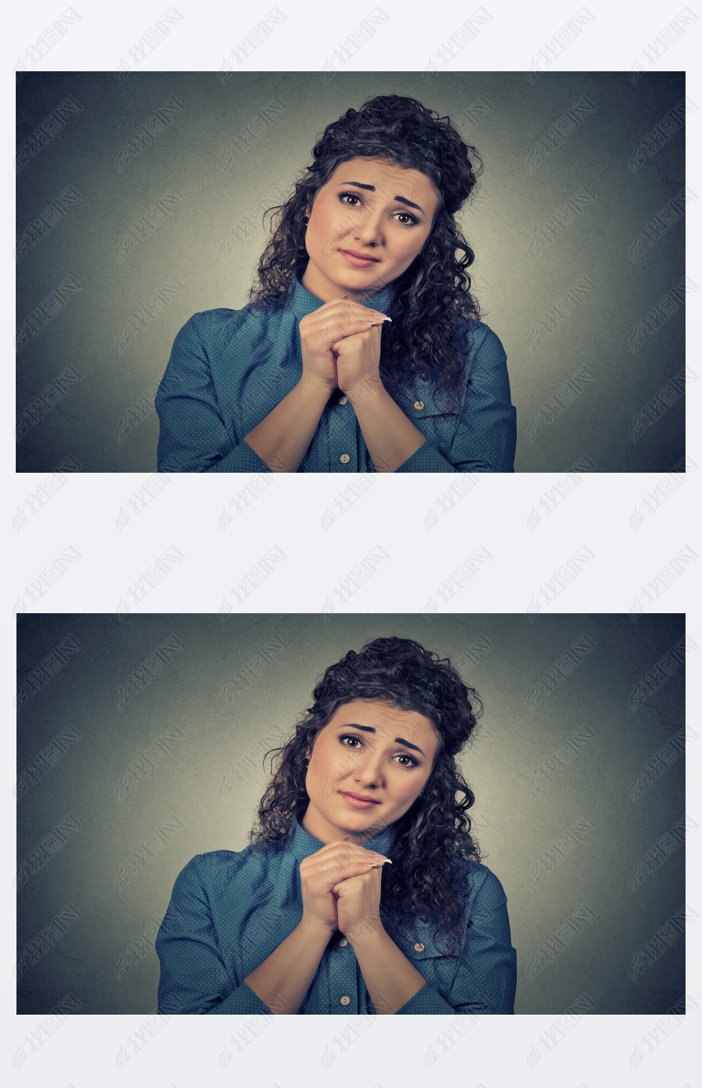 young woman gesturing with clasped hands, please forgive me 