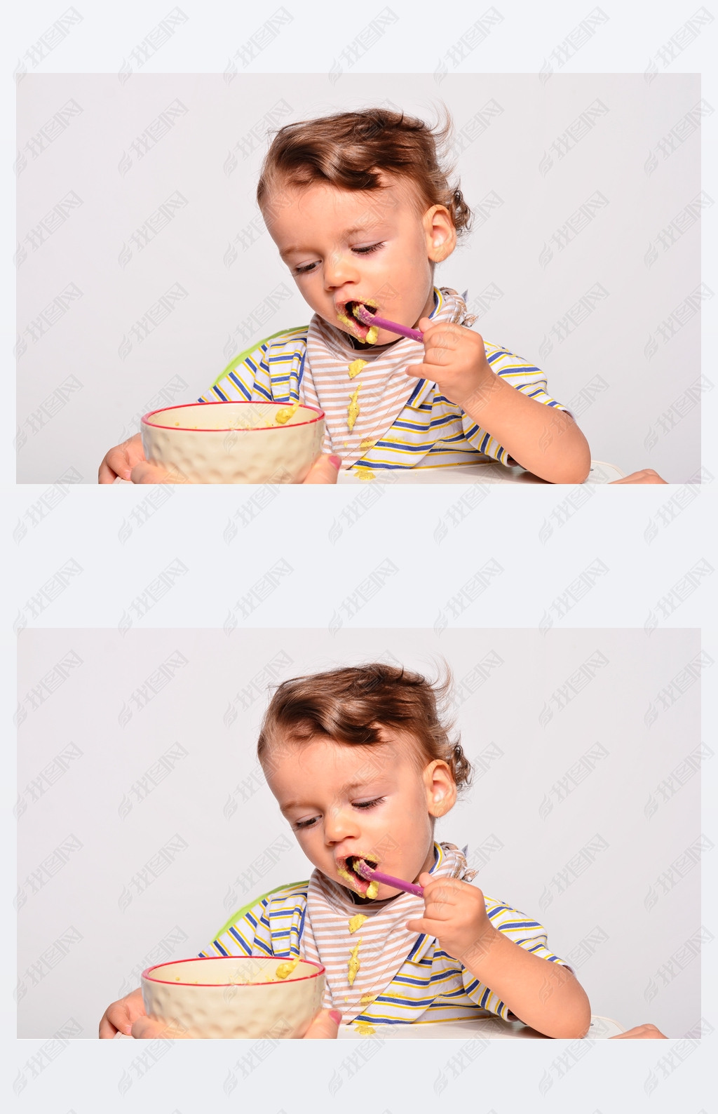 Baby eating food with a spoon, toddler eating messy and getting