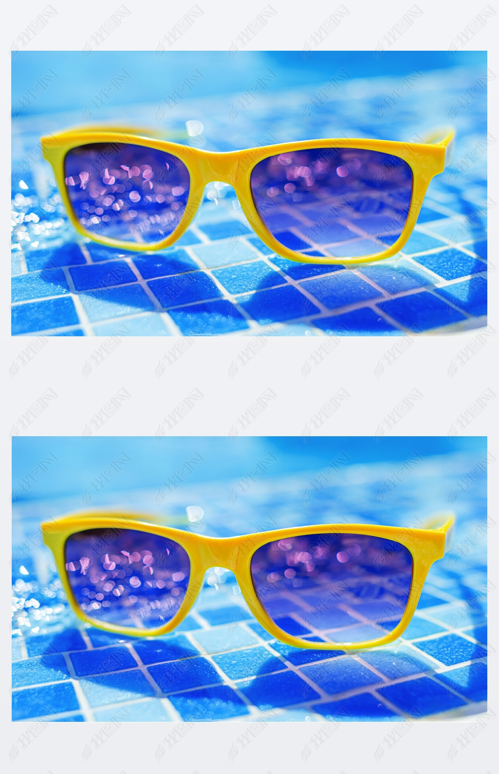 Yellow sunglasses on a background of a pool with water.