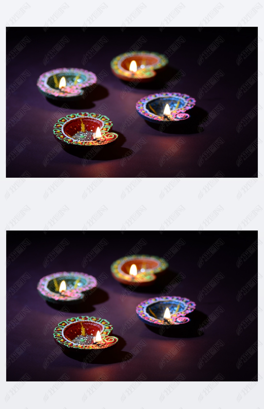 Colorful clay Diya (Lantern) lamps lit during Diwali celebration. Greetings Card Design Indian Hindu