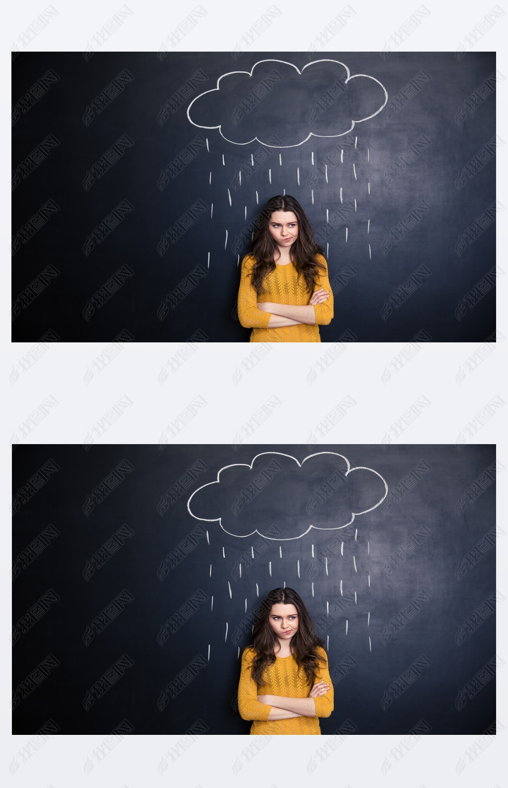 Unpleased woman with raincloud drawn over her on blackboard background 