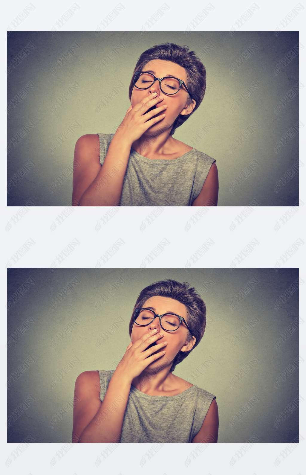 headshot sleepy young woman with hand over open mouth yawning