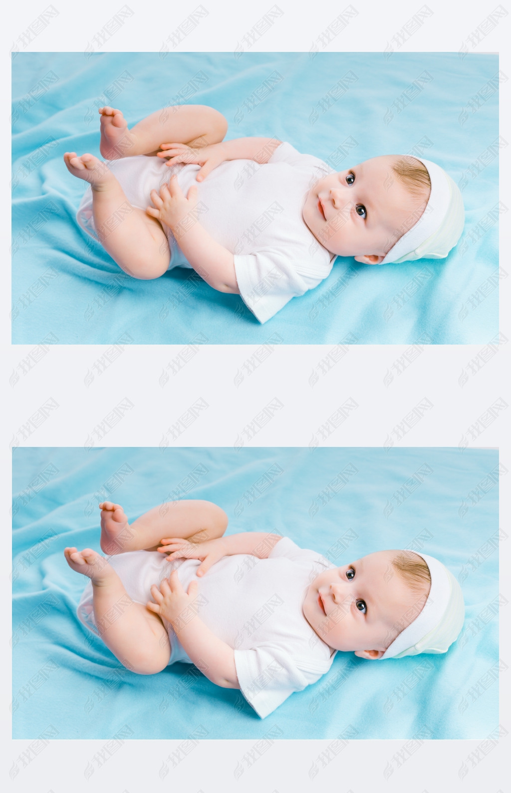 baby in hat lying on a blue blanket