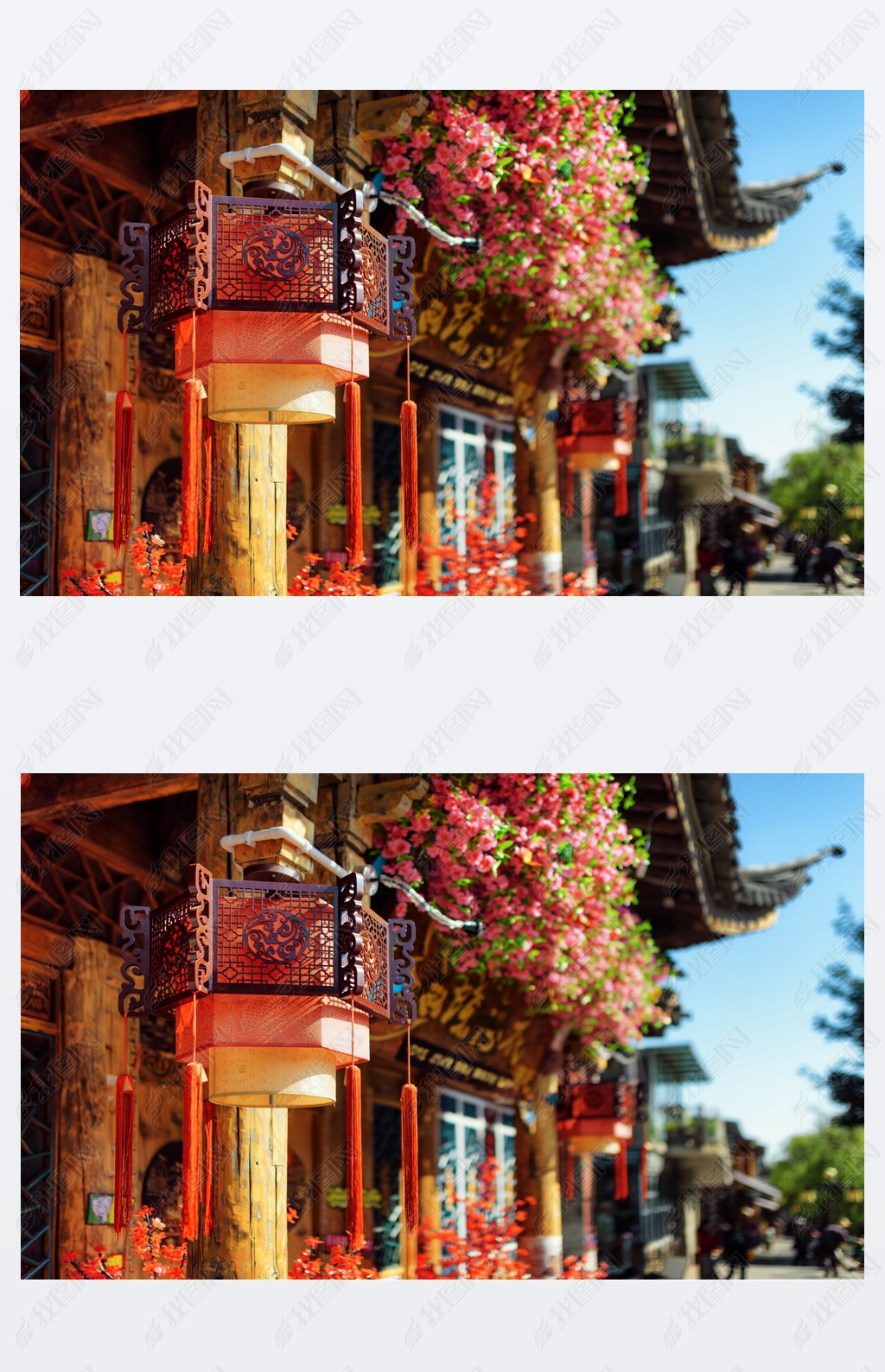 Traditional Chinese street lanterns and roof, Lijiang, China