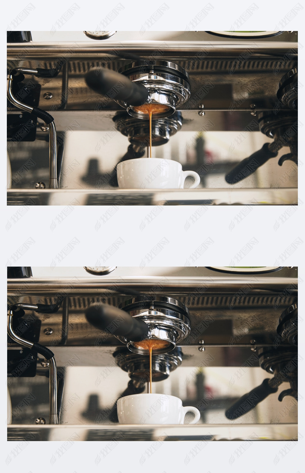 Fresh espresso coffee brewing through the bottomless portafilter