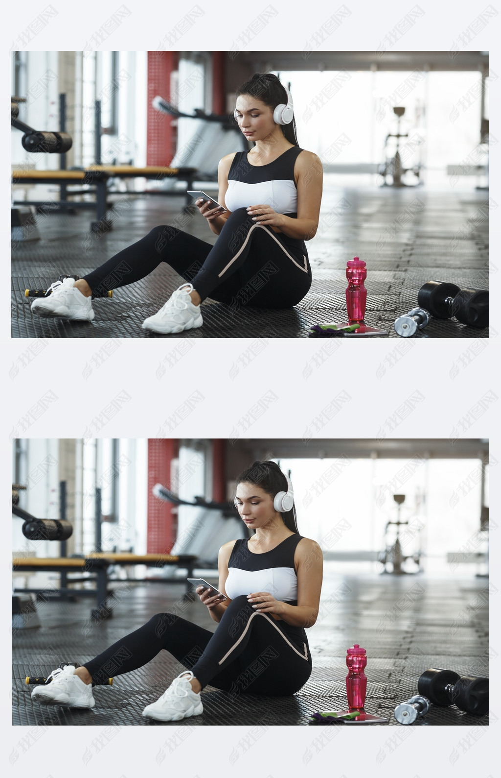 Young girl with headphones listening to music from artphone in gym