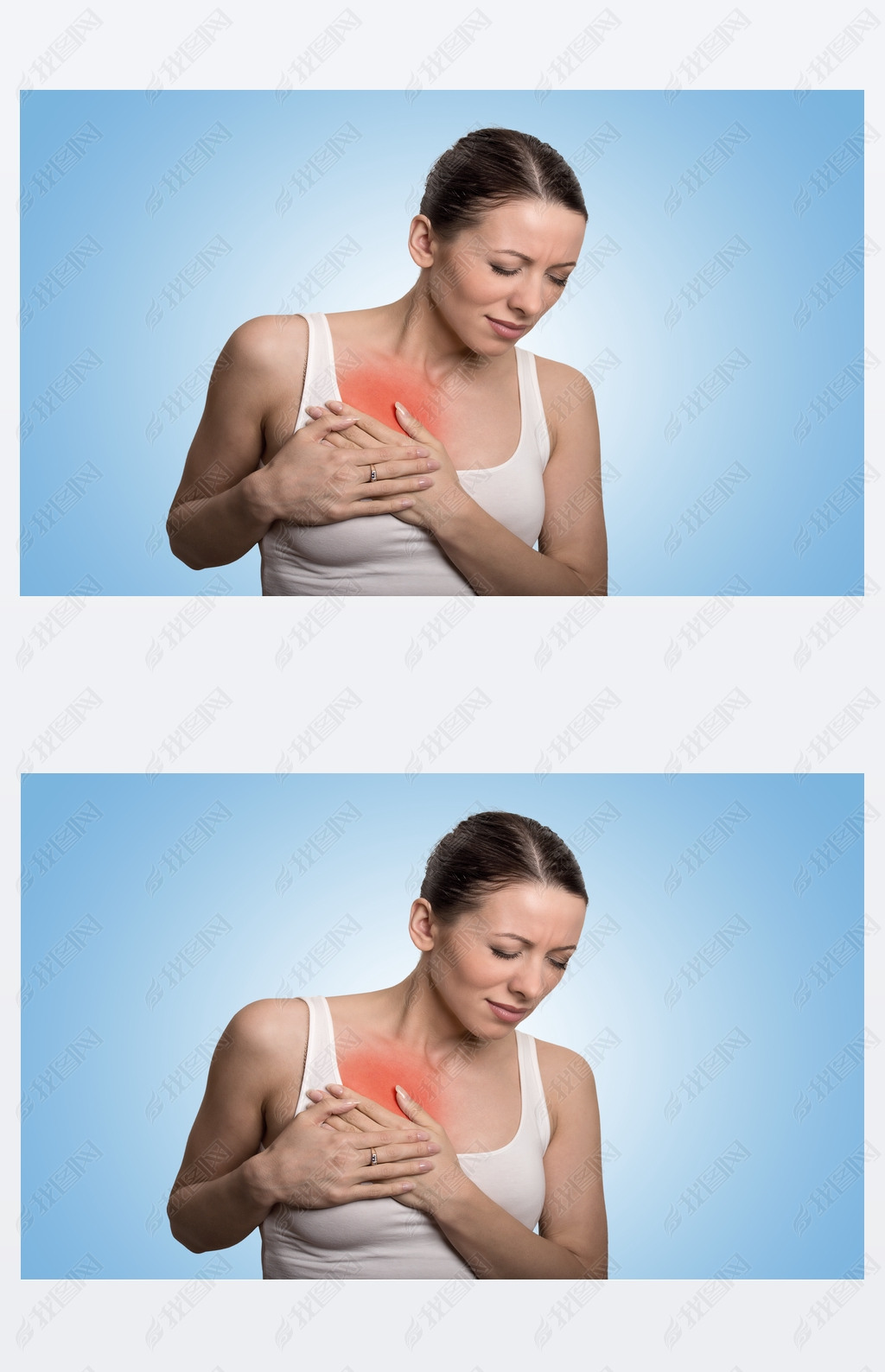 Young woman with chest breast pain colored in red