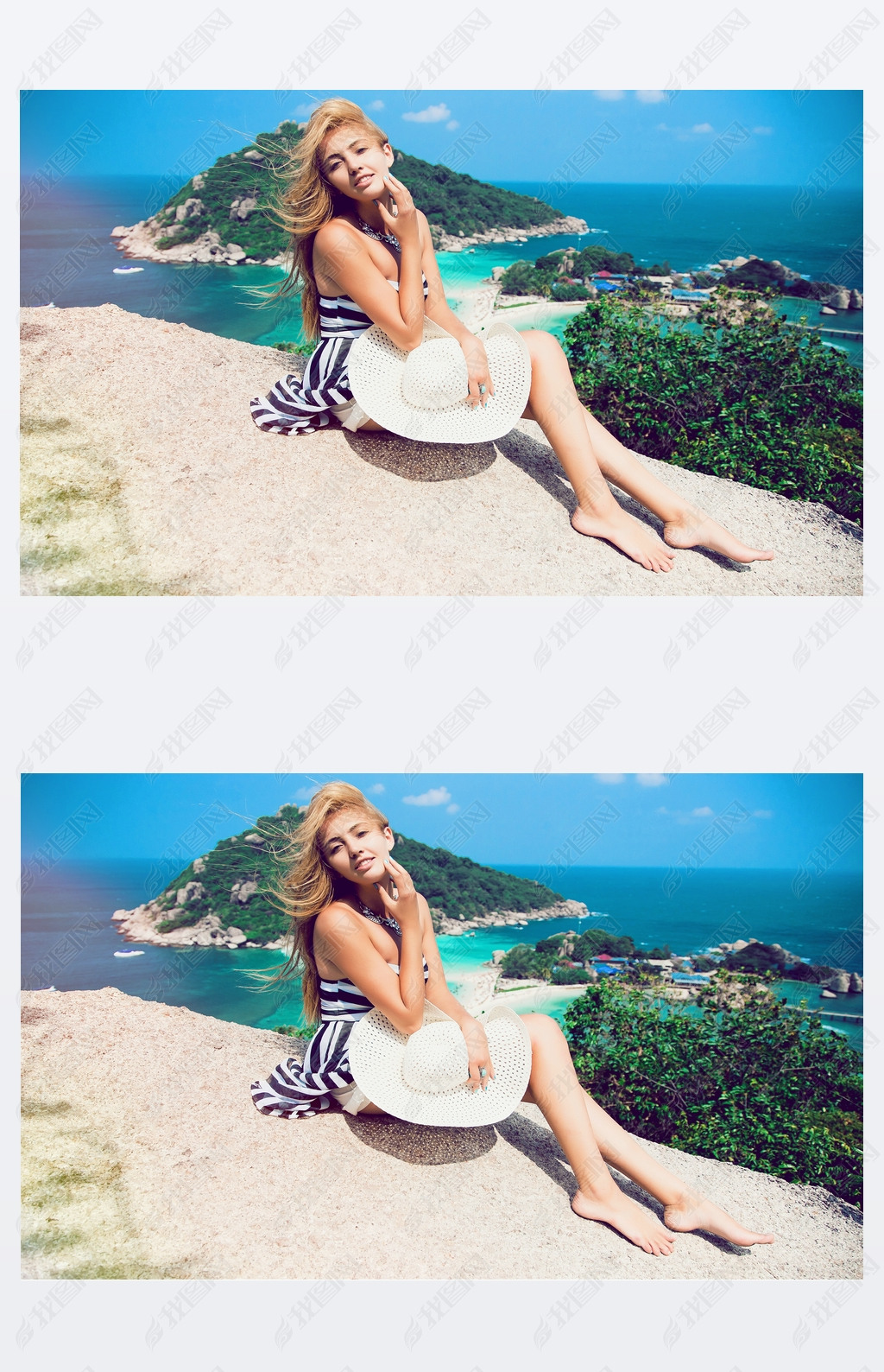 woman sitting on stone at tropical island