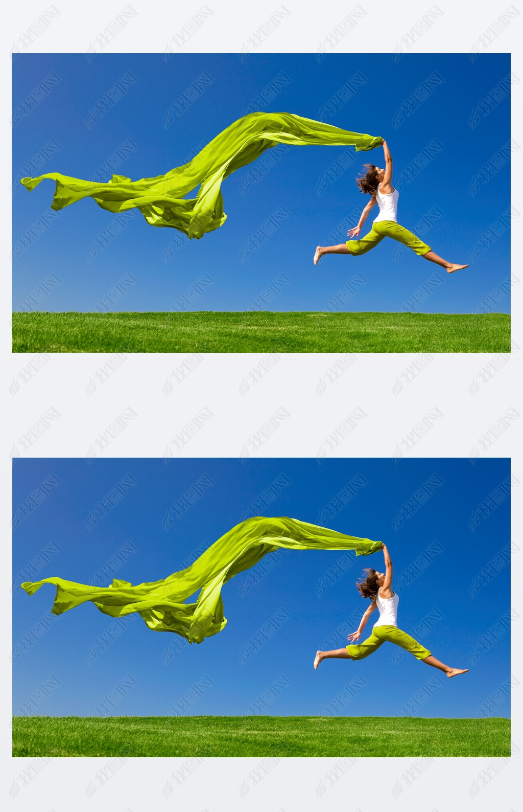 Woman jumping on a green meadow with a colored tissue