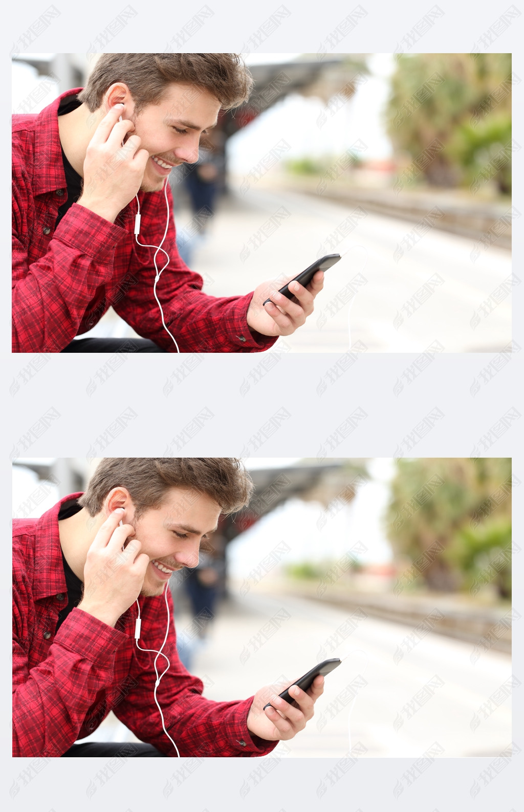 Man listening to the music waiting in a train station