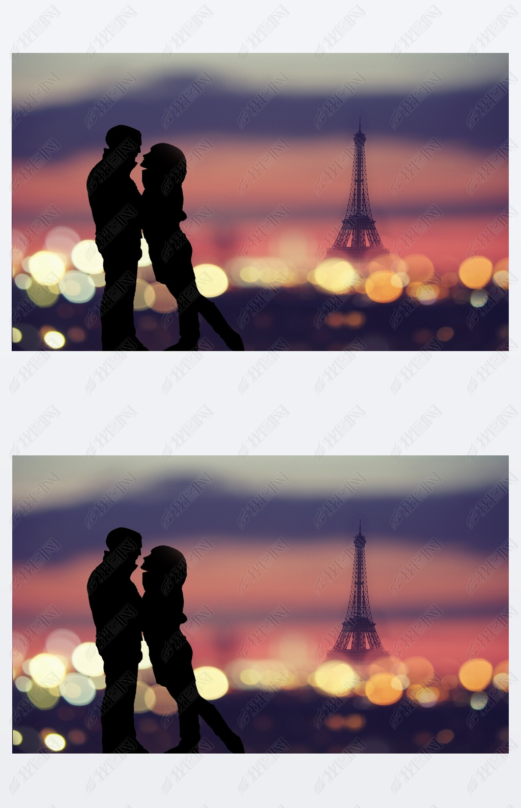浪漫的情侣，与埃菲尔铁塔在巴黎背景上的剪影 