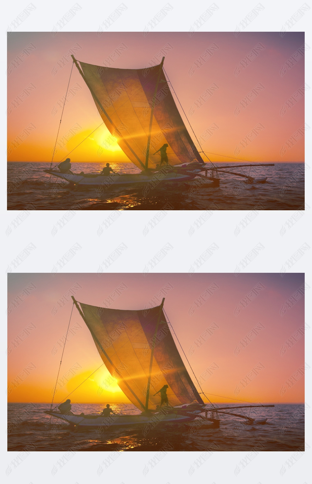 pcheurs sur catamaran au coucher du soleil