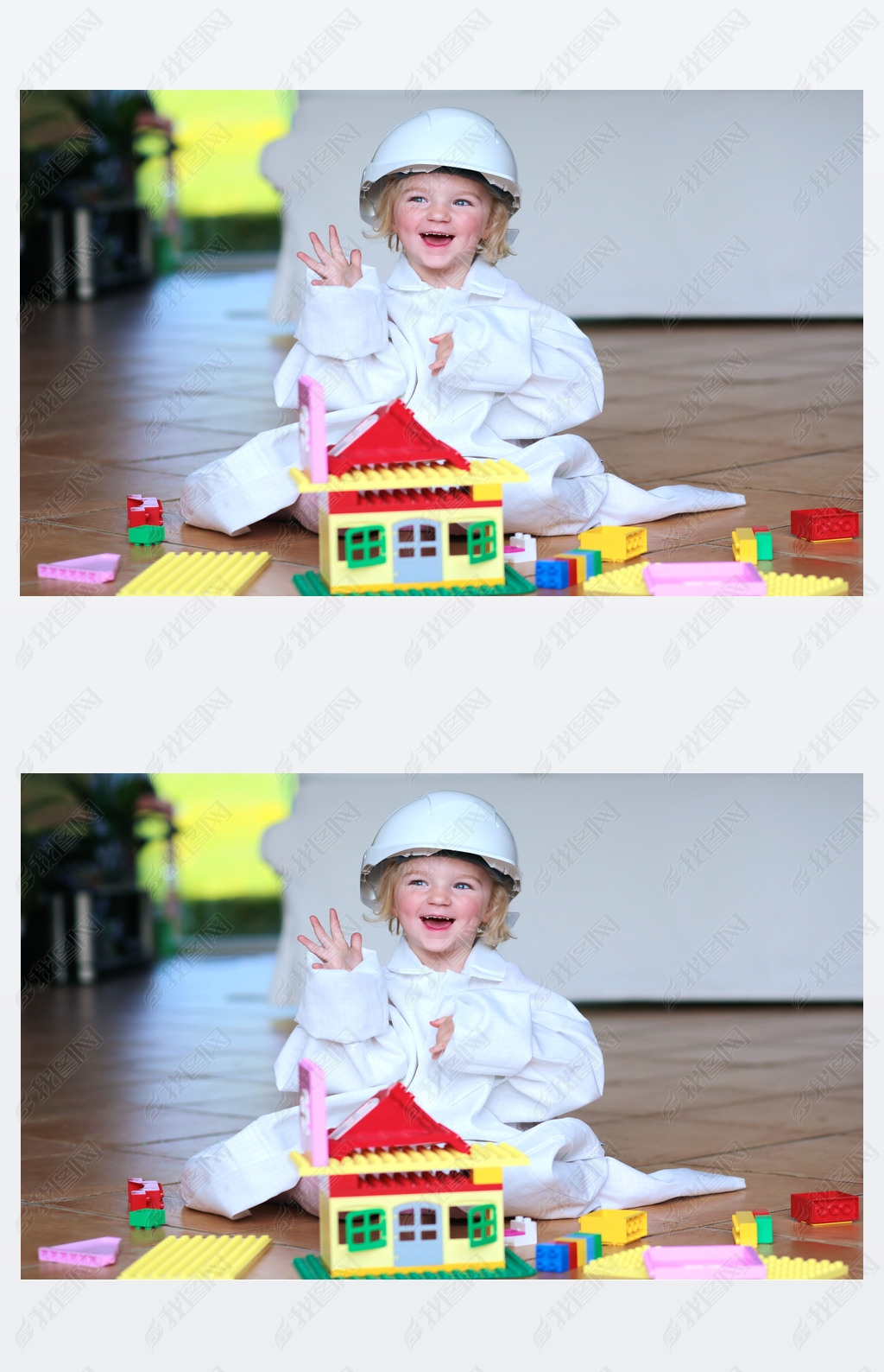 Toddler girl wearing safety helmet playing with building blocks