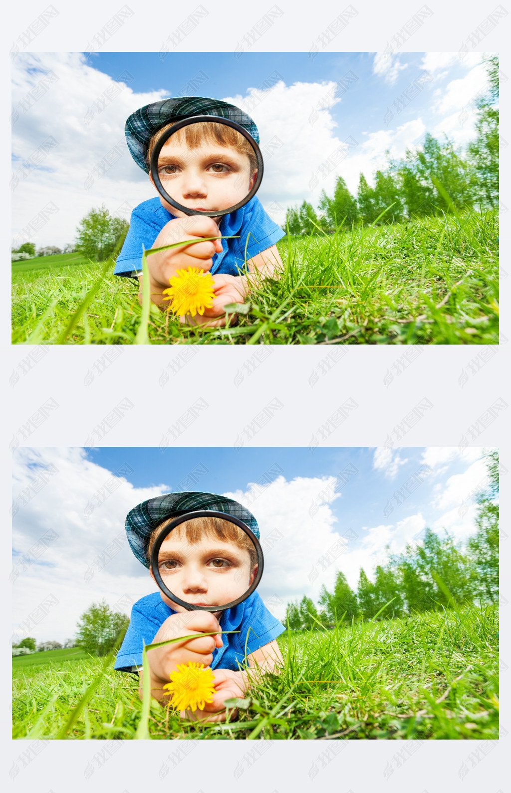 Small boy with magnifier and yellow flower